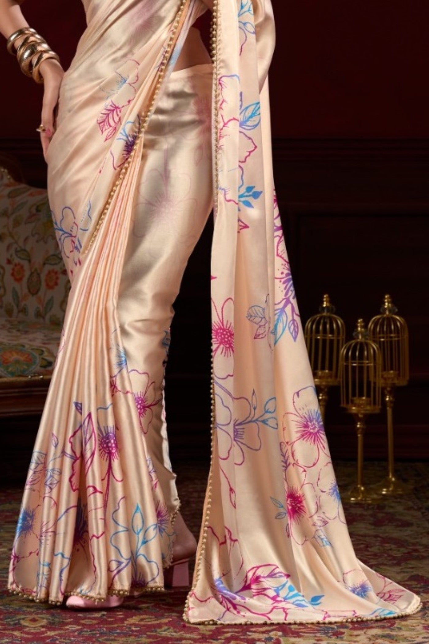 Buy MySilkLove Daisy Cream Floral Printed Satin Silk Saree Online