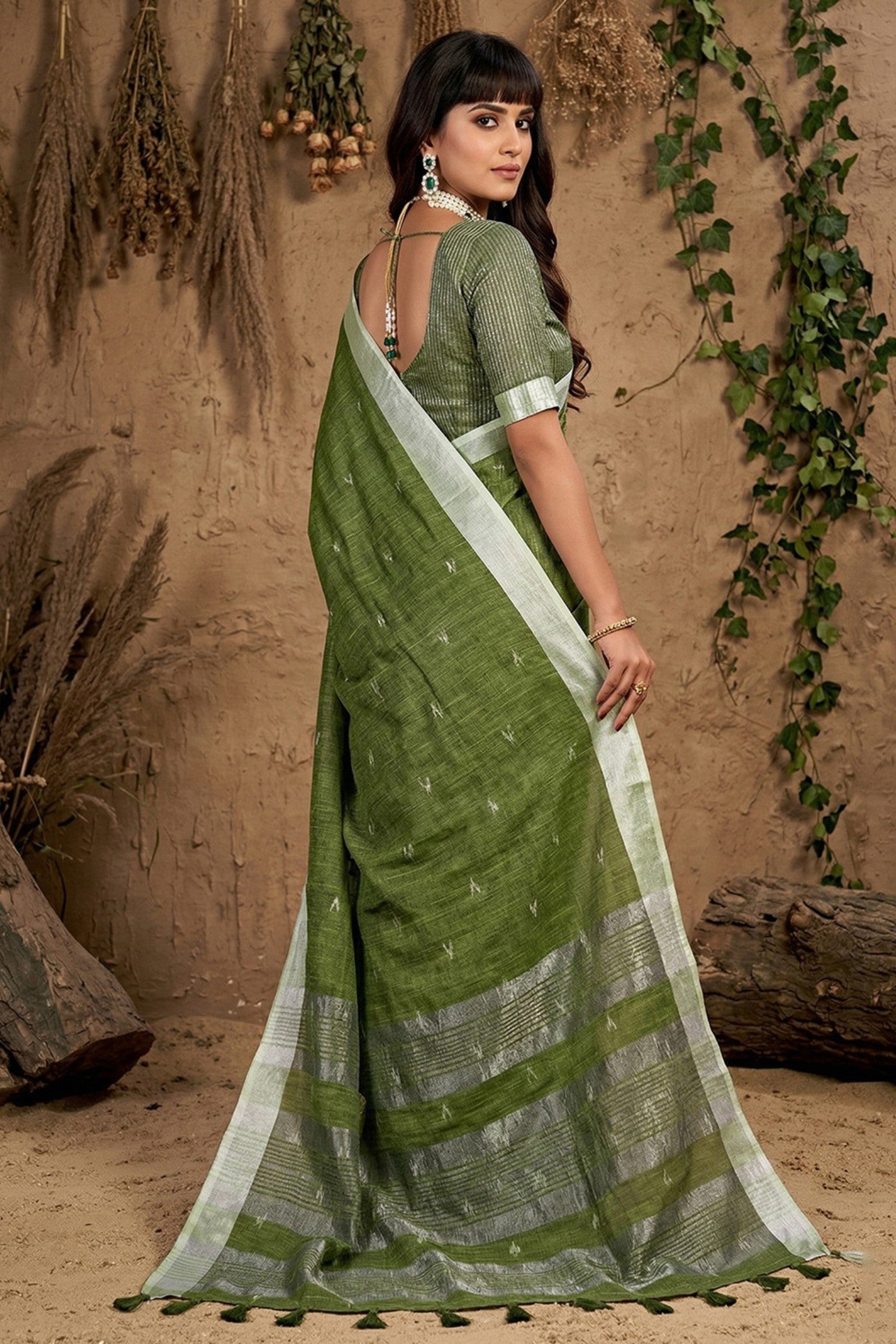 Buy MySilkLove Fern Green Woven Linen Cotton Saree Online