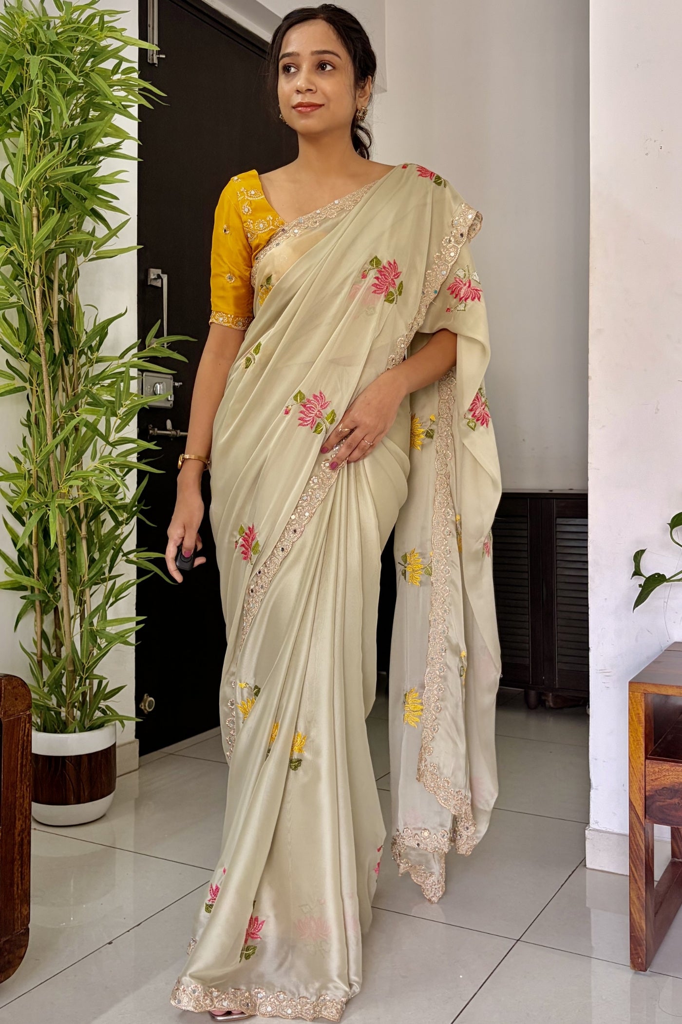 Buy MySilkLove Dutch Cream and Yellow Embroidery Chiffon Floral Saree Online