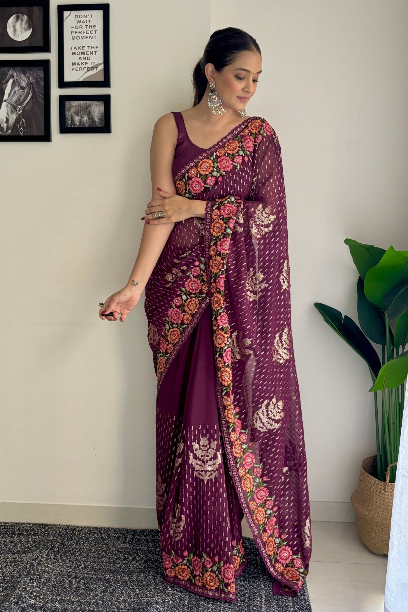 Buy MySilkLove Wine Purple Embroidery Designer Georgette Saree Online