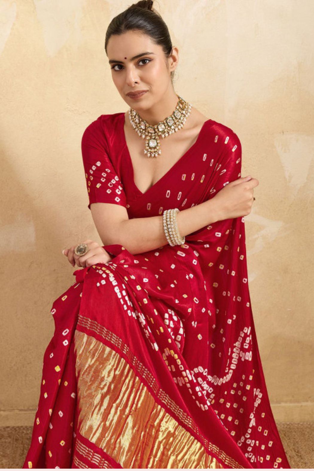 MySilkLove Mahogany Red Pure Bandhani Gajji Silk Saree with Lagdi Pallu