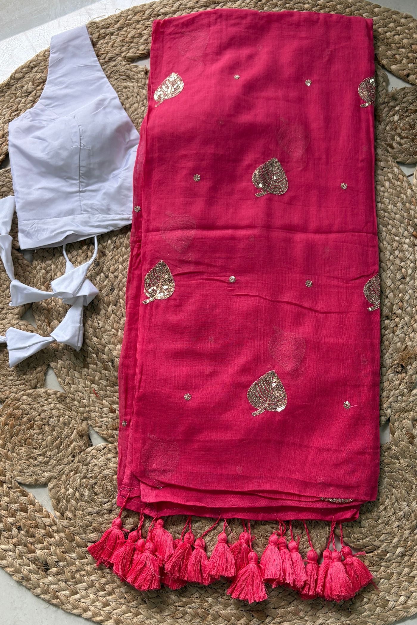 Buy MySilkLove Cherry Red Pure Mul Mul Cotton Leaf Sequin Work Saree Without Blouse Online