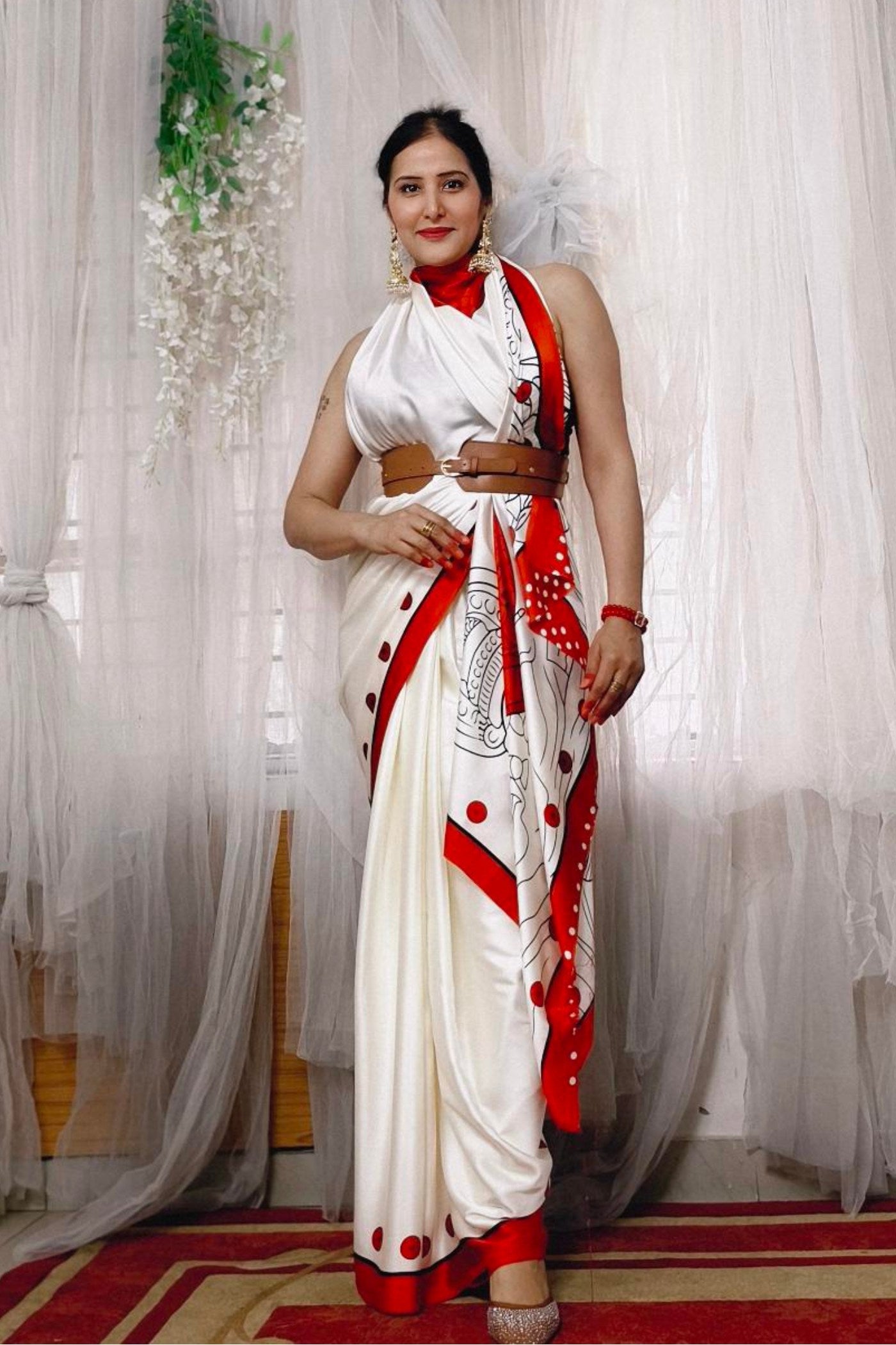 Buy MySilkLove Foggy White and Red Printed Satin Crepe Silk Saree Online