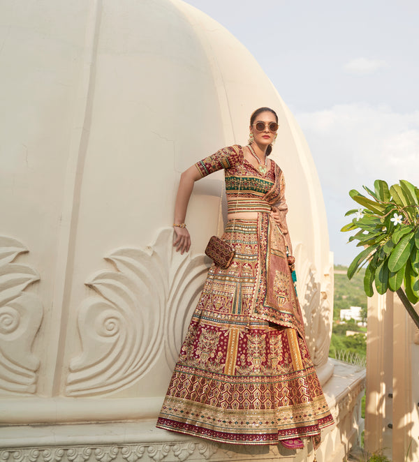 Copper Penny Brown Woven Lehenga Choli With Heavy Embroidery Work