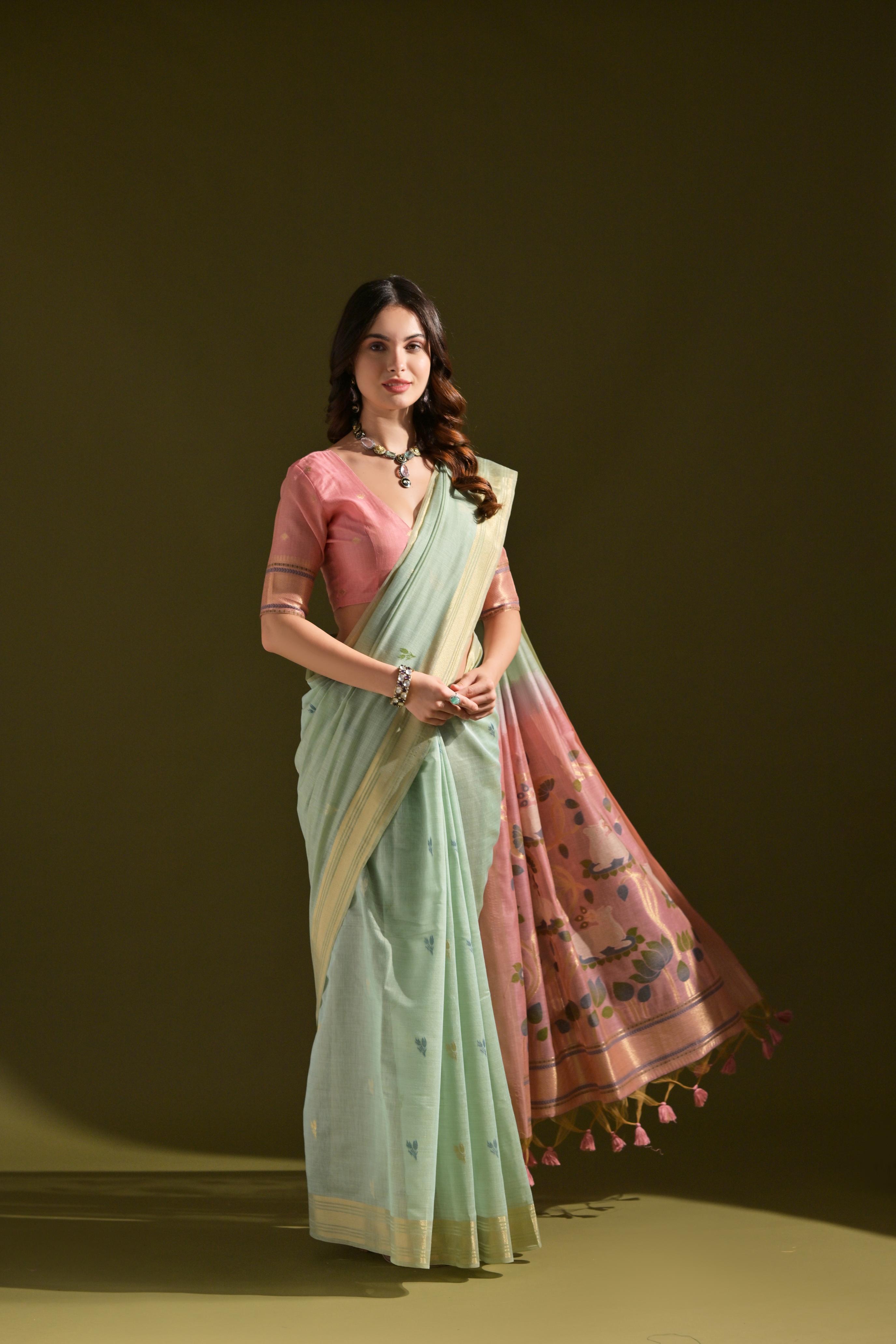 MySilkLove Calla lily Green Woven Muga Cotton Saree