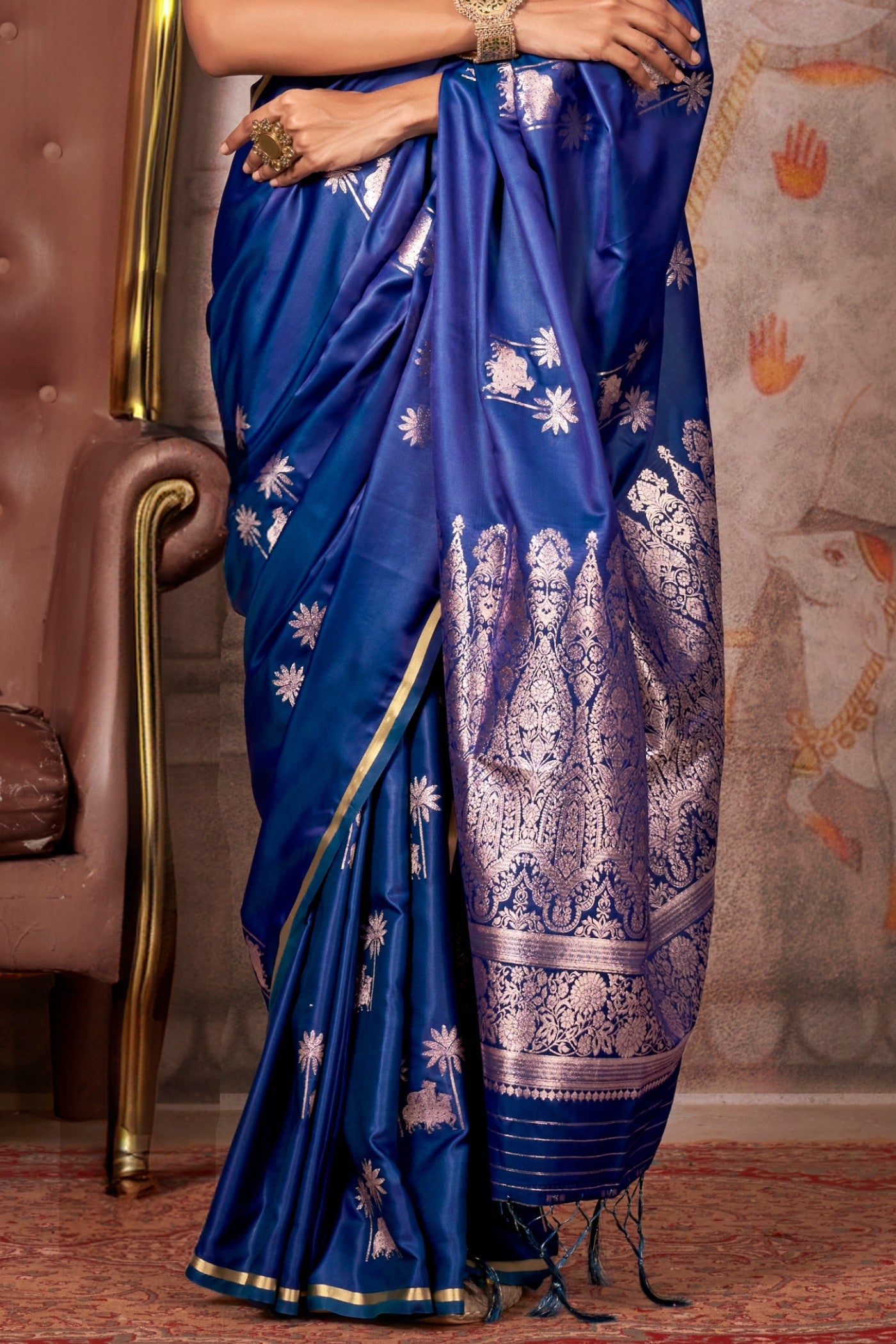 Buy MySilkLove Azure Blue Banarasi Pichwai Satin Saree Online