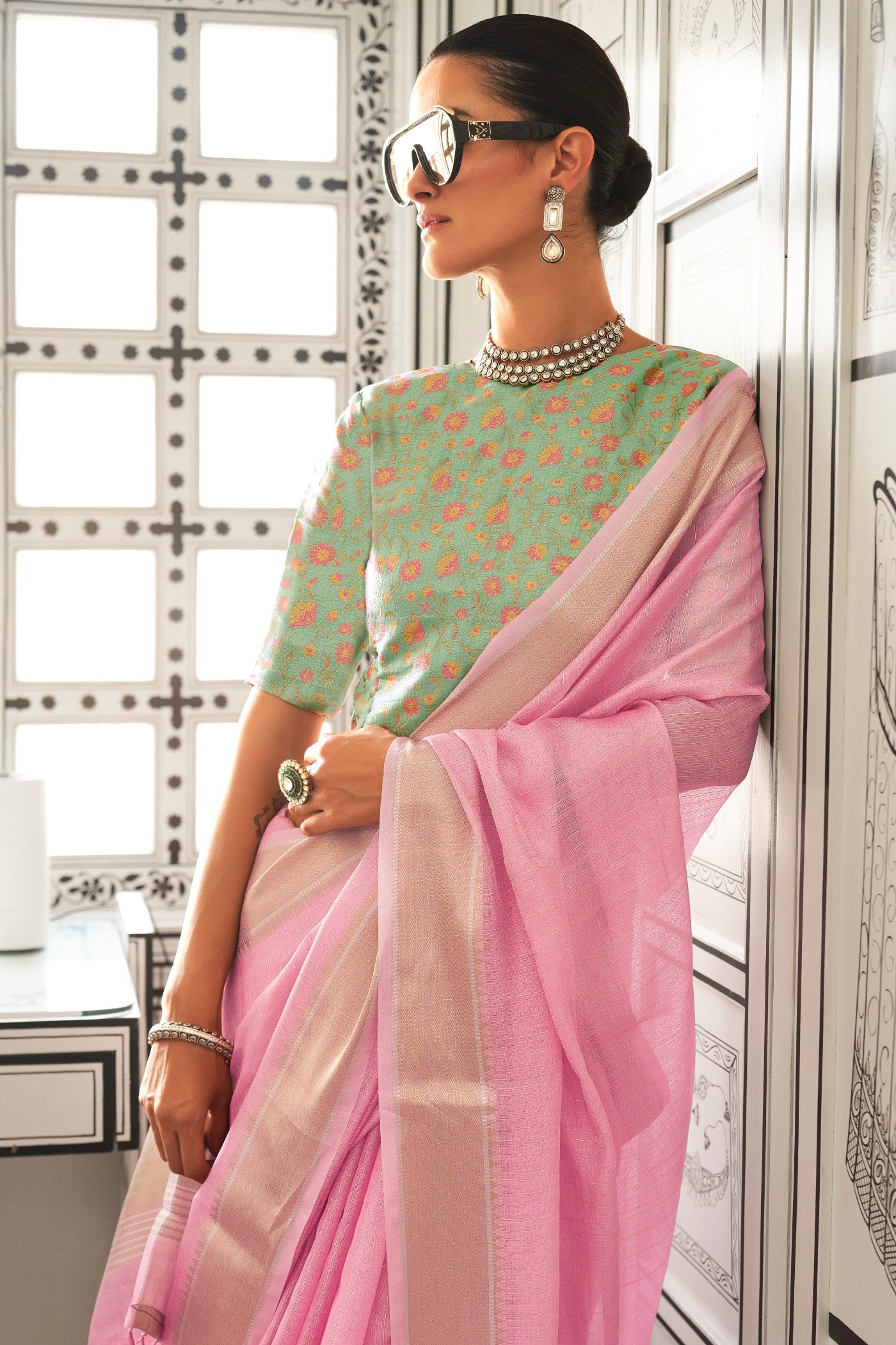 Buy MySilkLove Shilo Pink Chiffon Handloom Saree Online