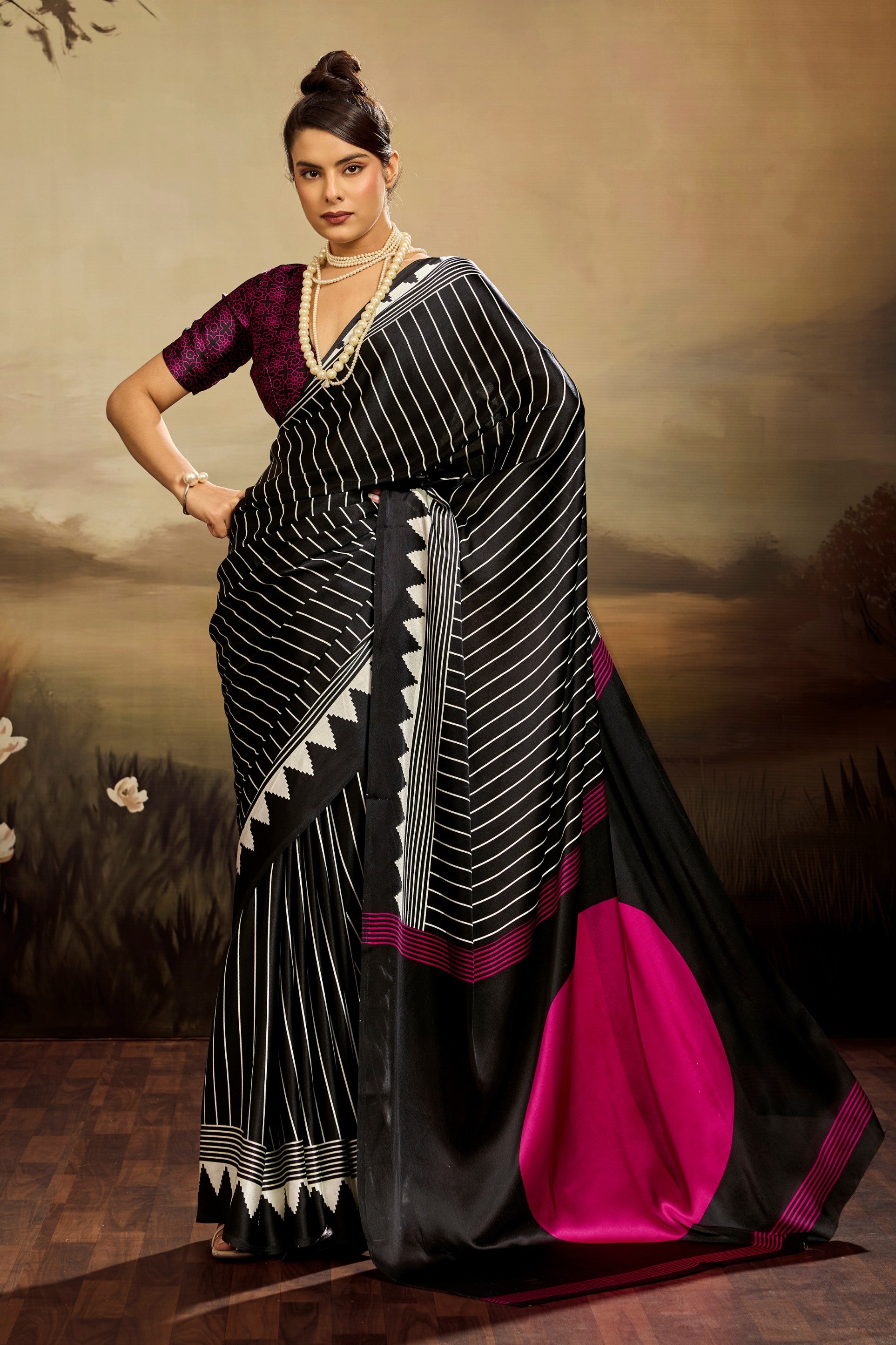 Buy MySilkLove Spectra Black Ajrakh Printed Satin Crepe Silk Saree Online