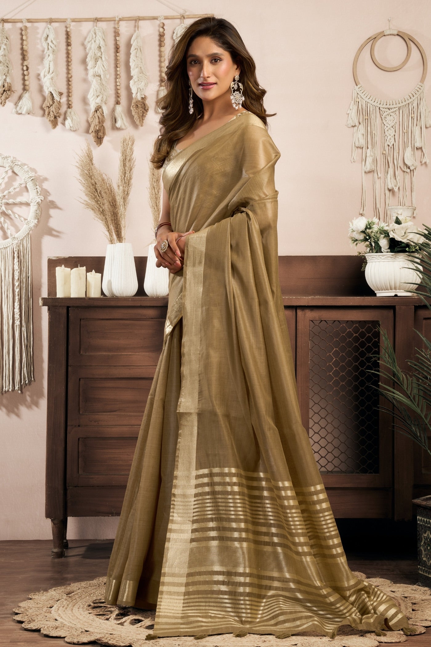Buy MySilkLove Wood Brown Handloom Cotton Saree Online