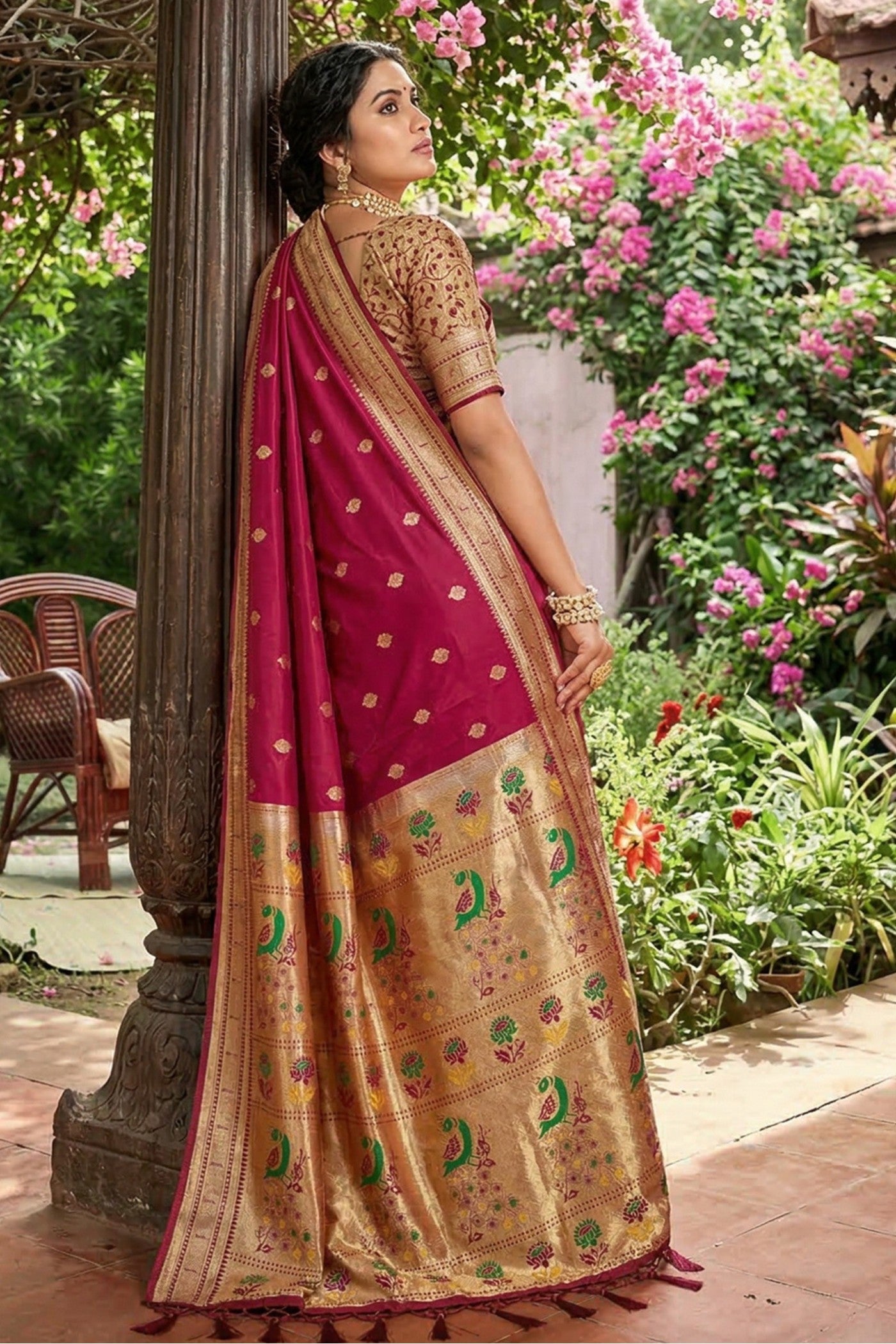 Buy MySilkLove Dark Rose Pink Zari Woven Paithani Saree Online