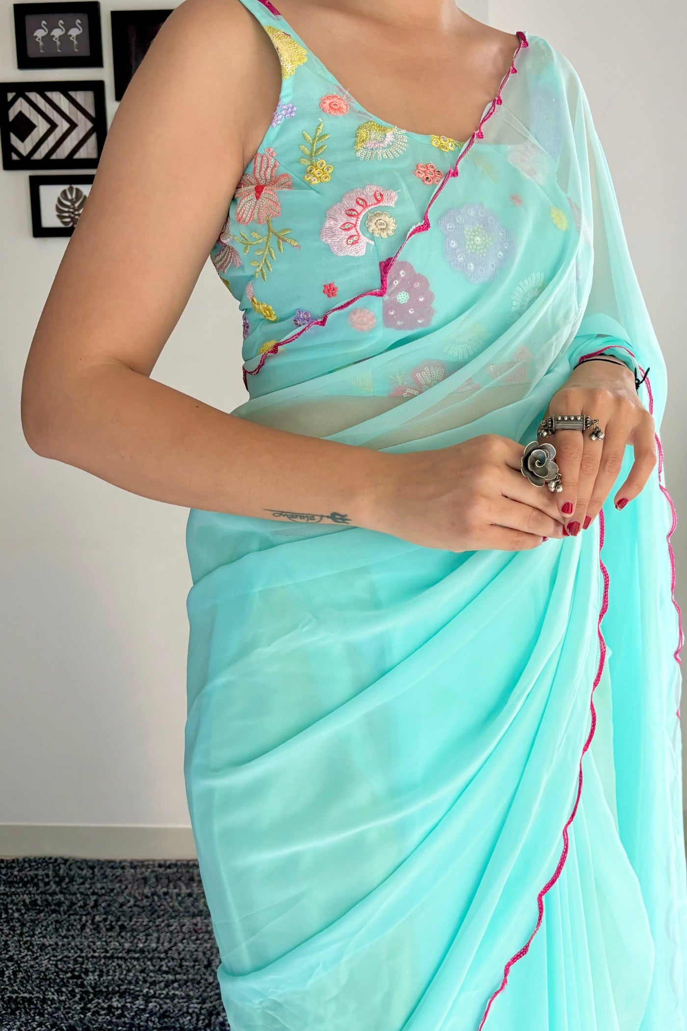 Buy MySilkLove Sky Blue Gerogette Saree Online