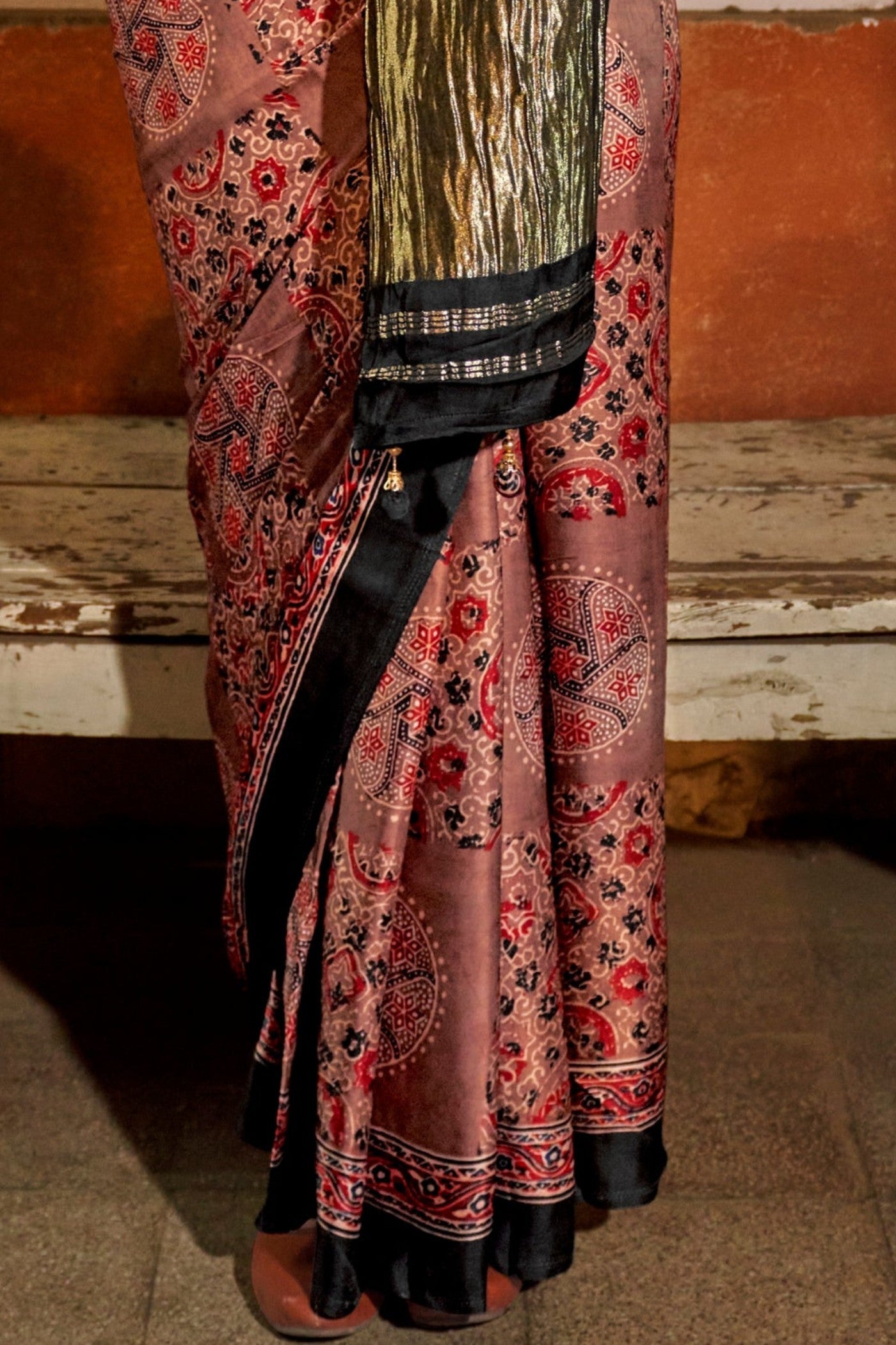 Buy MySilkLove Plum Peach and Black Ajrakh Handprinted Satin Saree Online