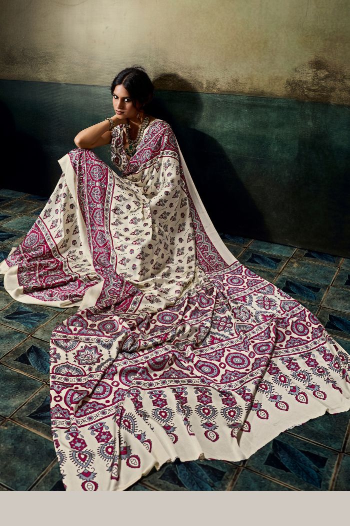 Buy MySilkLove Windsor Cream Modal Ajrakh Satin Printed Silk Saree Online