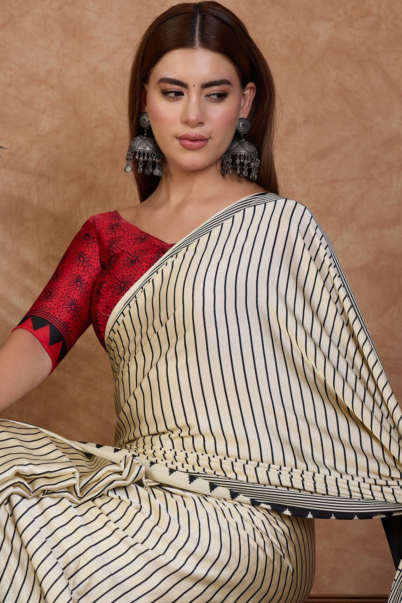 MySilkLove Bone White and Red Stripe Ajrakh Printed Satin Crepe Silk Saree