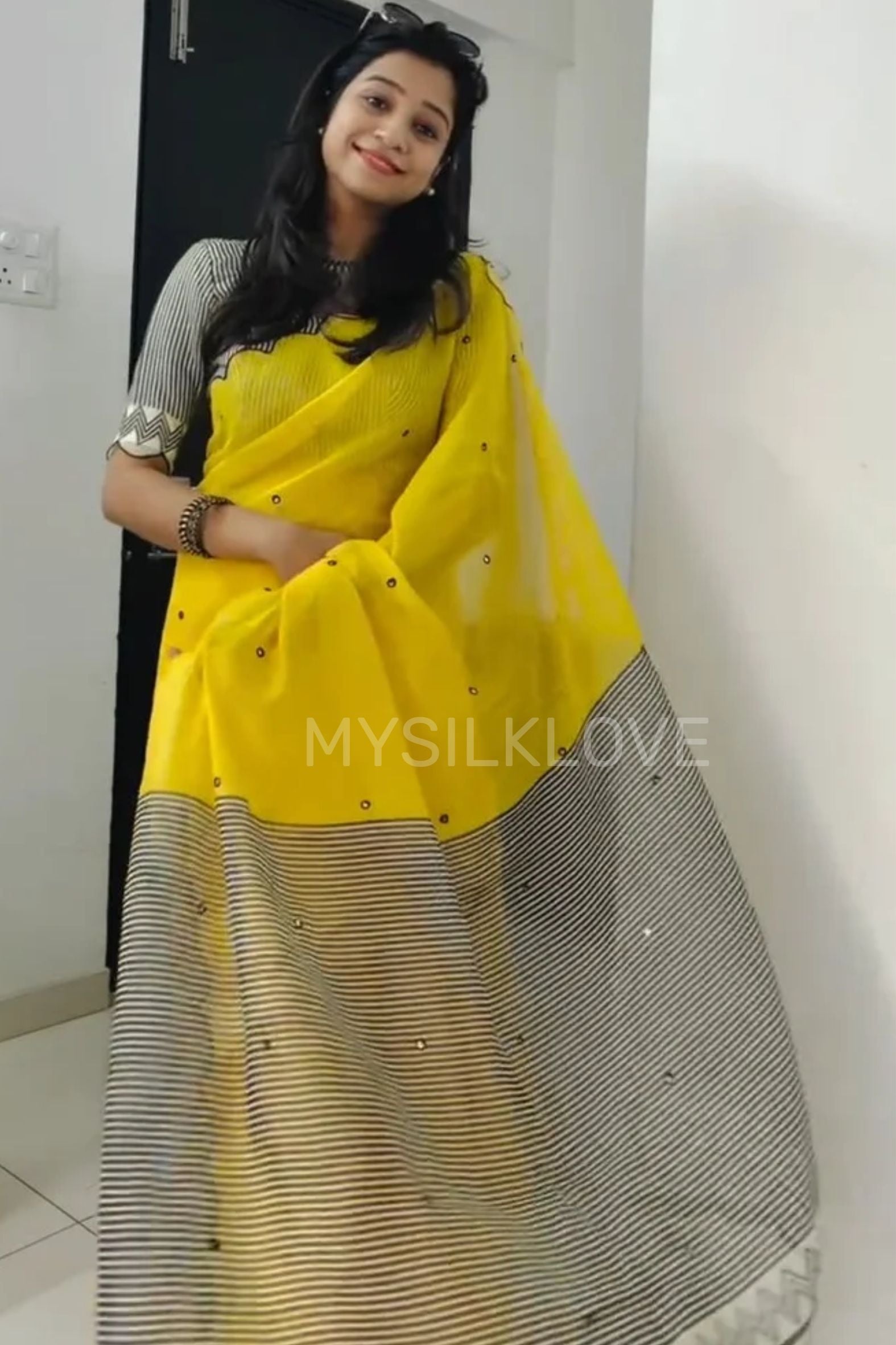 Buy MySilkLove Rustic Yellow Linen Cotton Digital Printed Saree Online