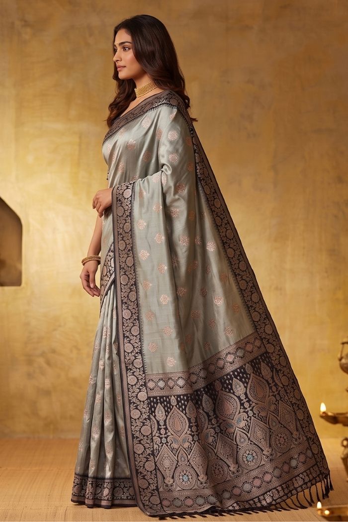 Buy MySilkLove Dove Grey Woven Banarasi Saree Online