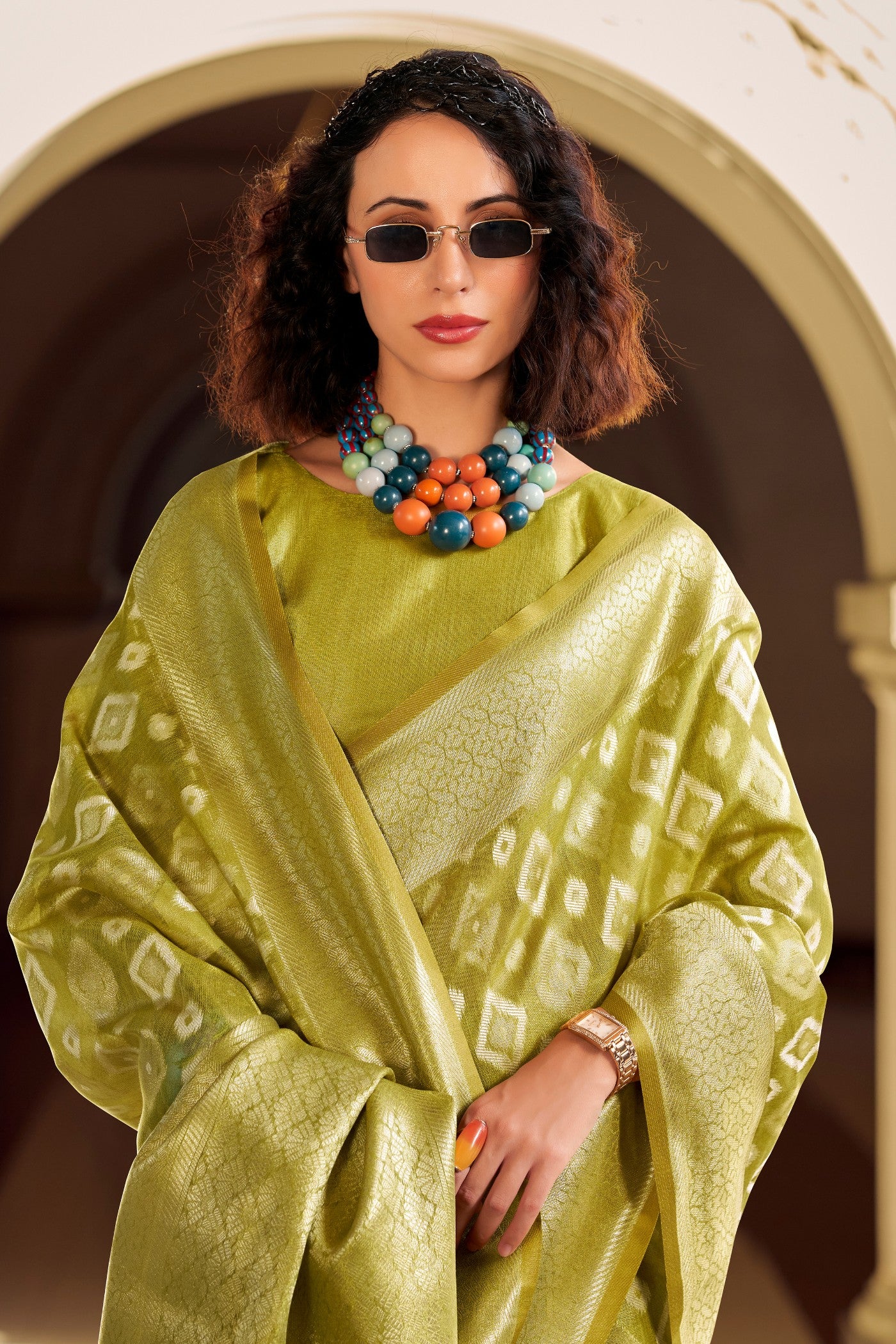 Buy MySilkLove Pesto Green Tissue Silk Saree Online