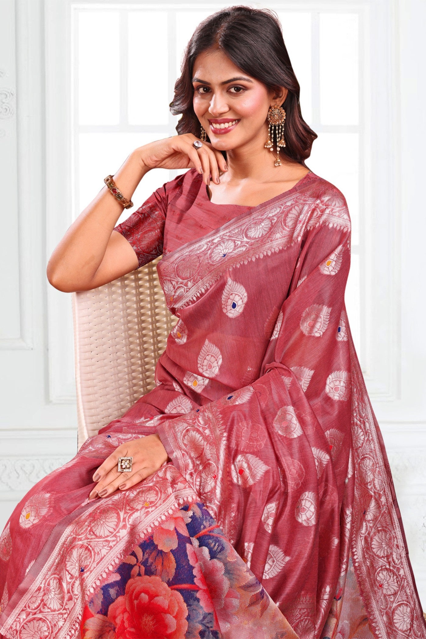 MySilkLove Rust Brown Woven Linen Cotton Saree