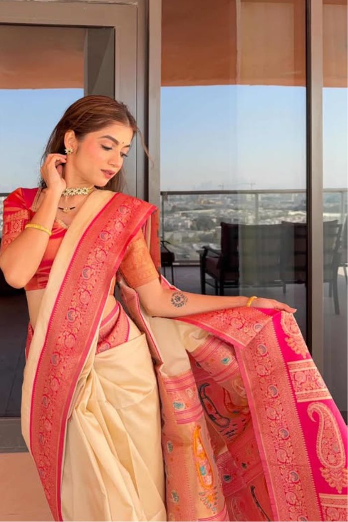 Buy MySilkLove Milky Cream Woven Banarasi Soft Silk Saree Online