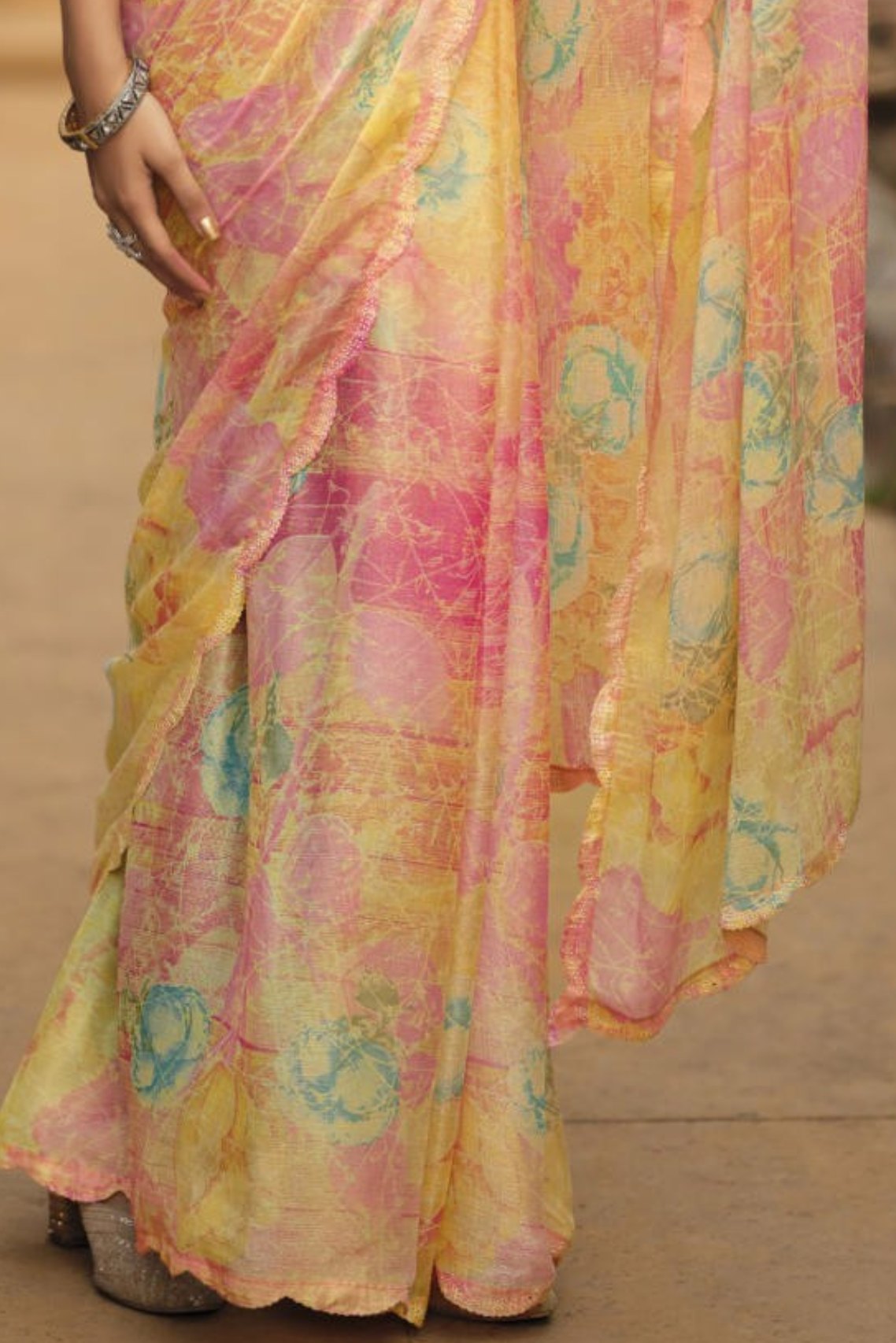 Buy MySilkLove Sunset Pearl Yellow and Pink Barasso Printed Saree Online