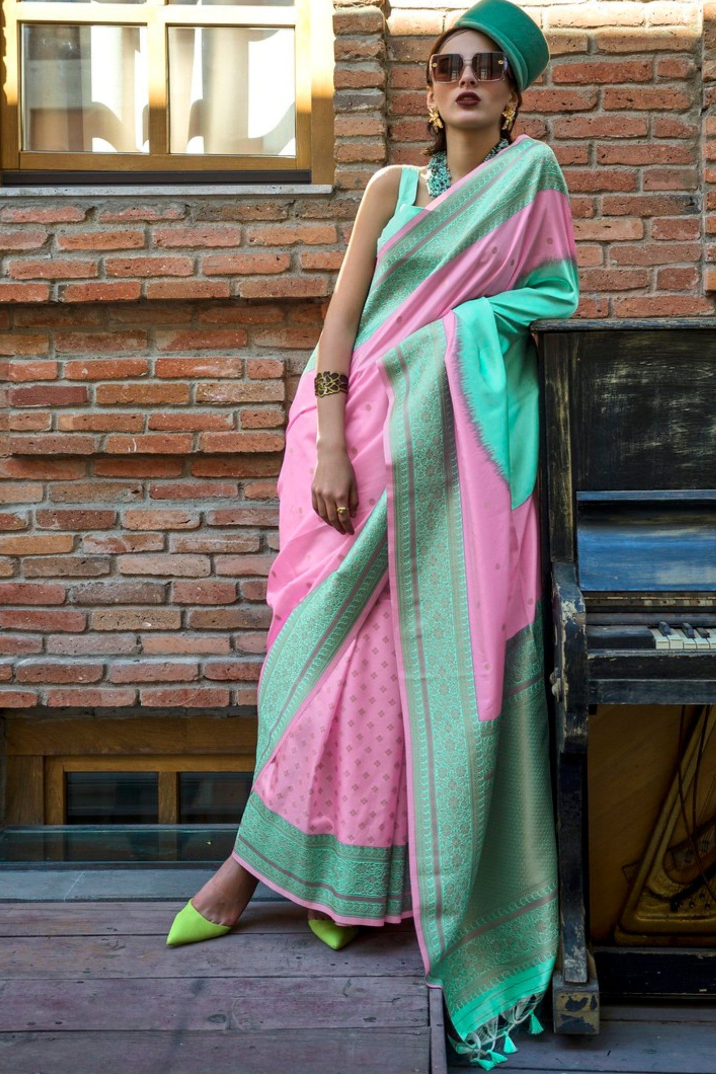 Buy MySilkLove Lily Pink and Green Banarasi Handloom Saree Online