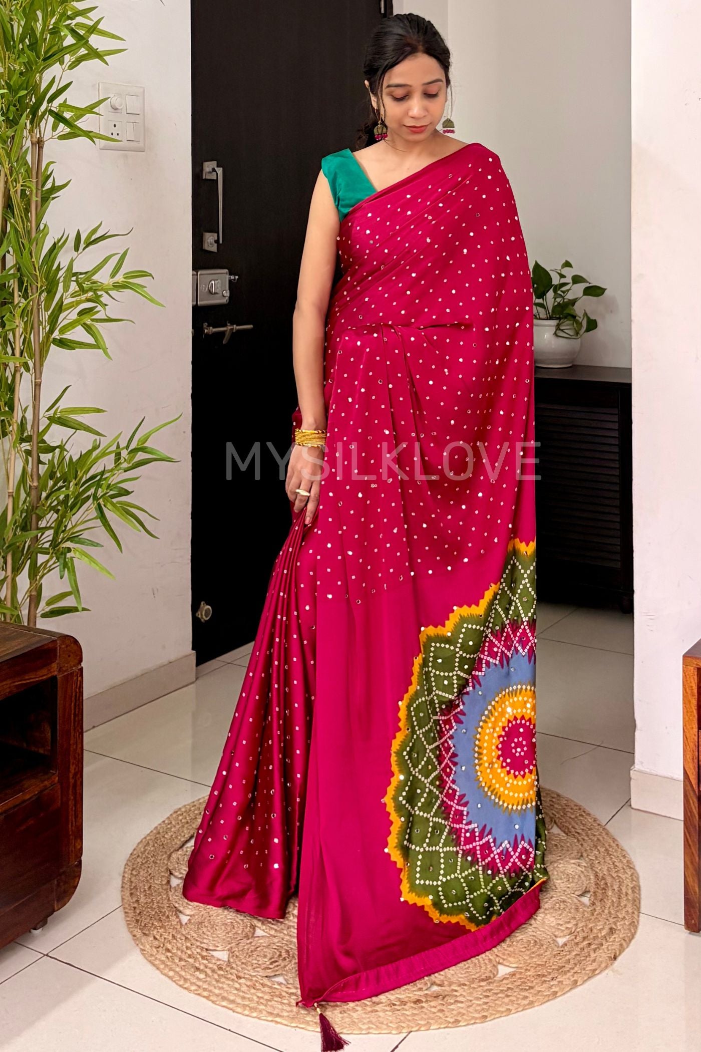 Buy MySilkLove Rosewood Pink Bandhani Satin Mirror Work Saree Online