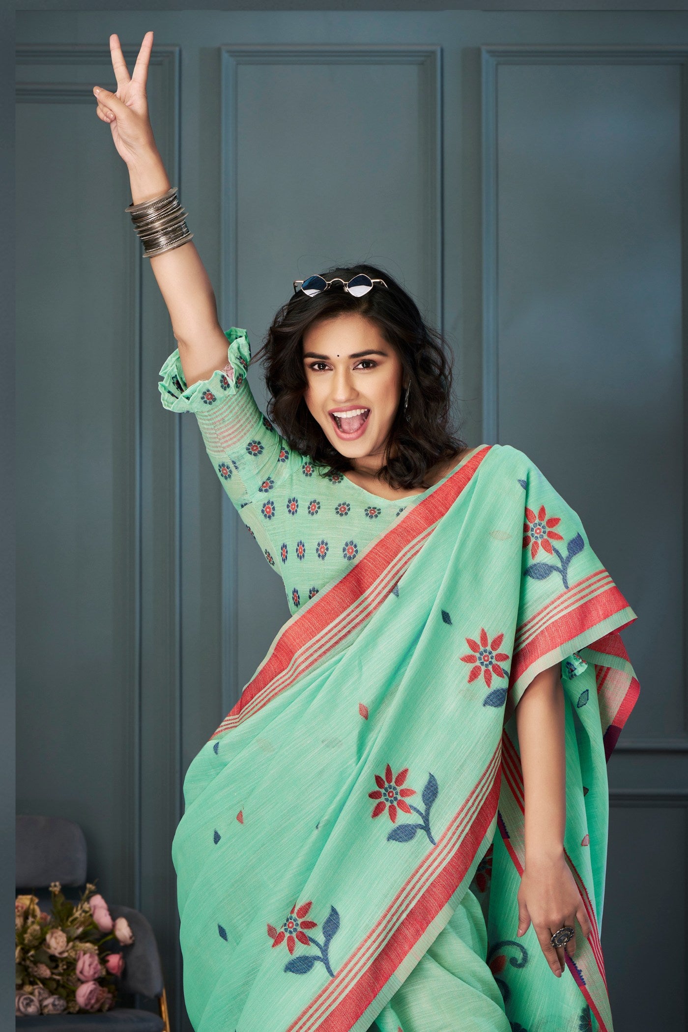 Buy MySilkLove Vista Green Handloom Linen Saree Online