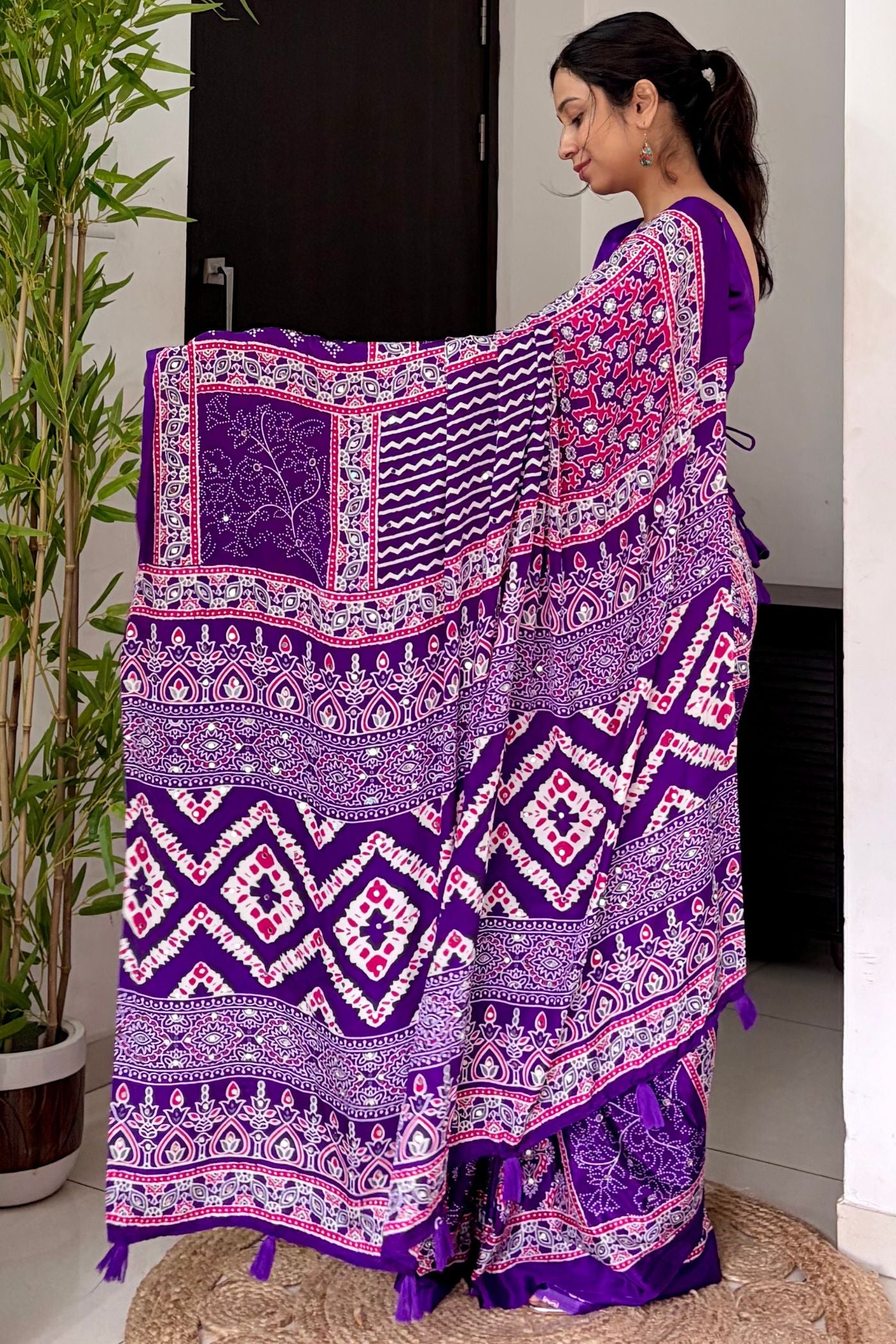 Buy MySilkLove Insolent Purple Ajrakh Satin Printed Mirror Work Saree Online