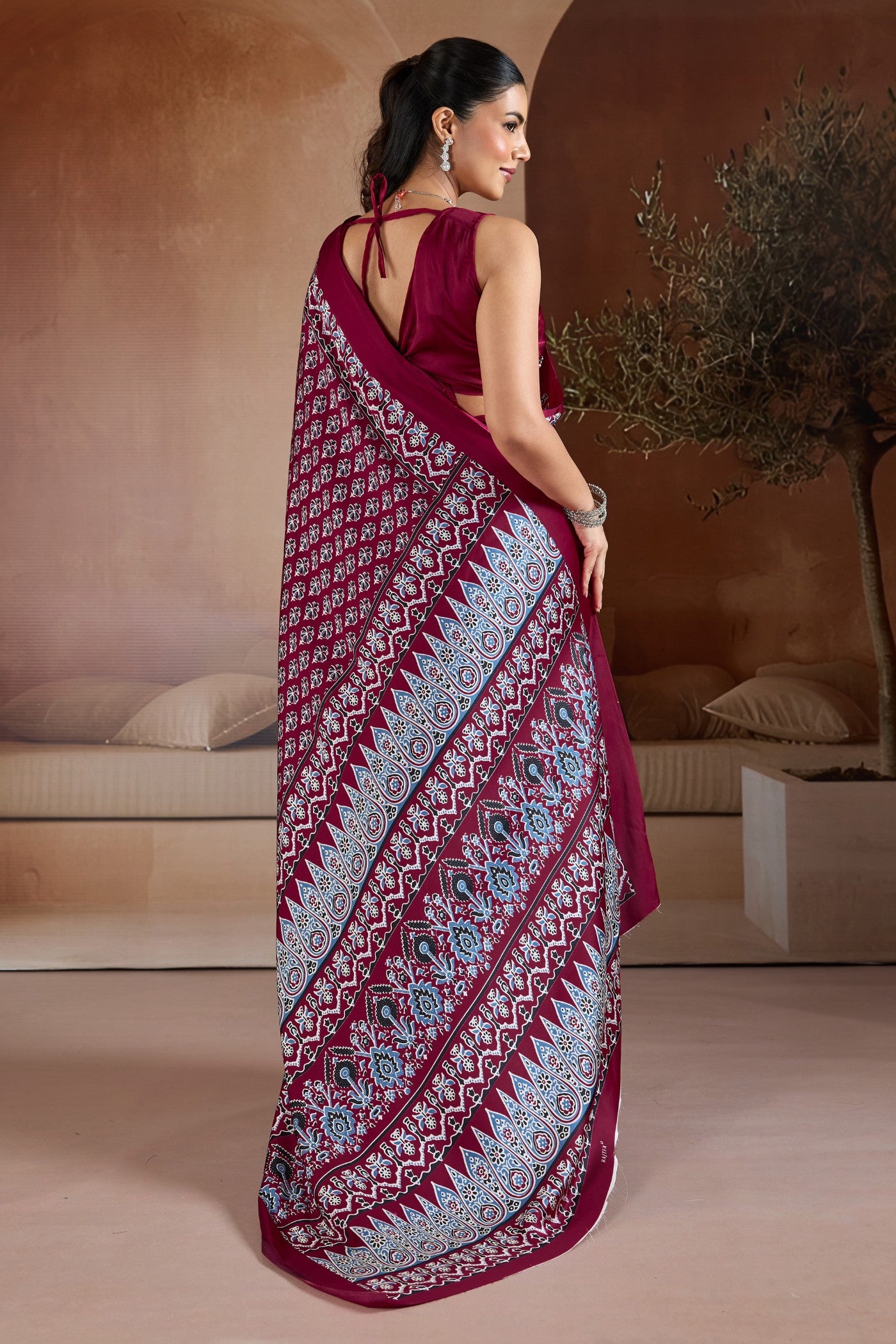 Buy MySilkLove Luxury Maroon Ajrakh Printed Satin Crepe Silk Saree Online