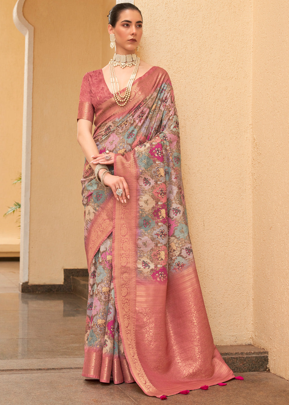 Buy MySilkLove Copper Penny Pink and Brown Digital Printed Tussar Silk Saree Online