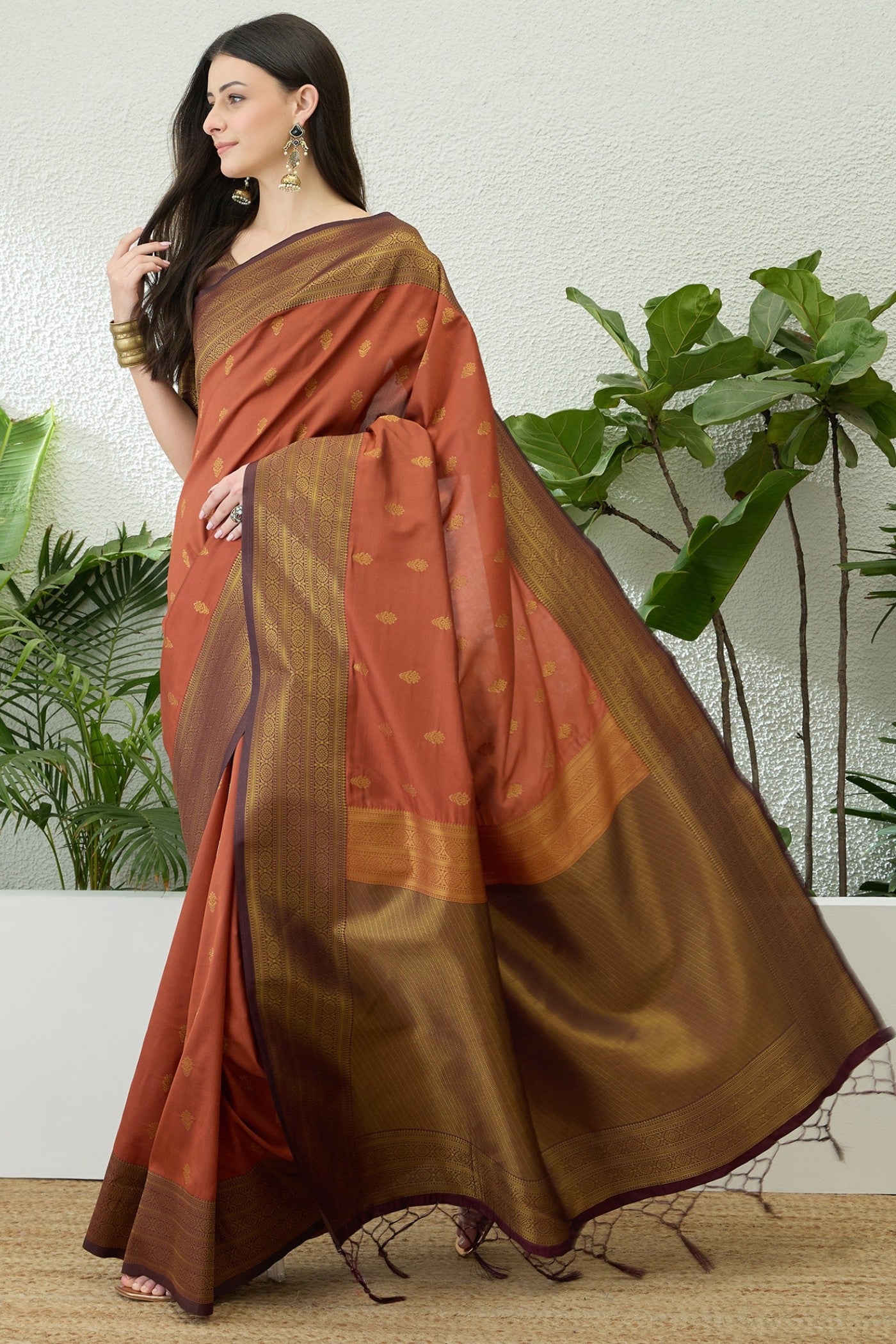 Buy MySilkLove Chestnut Brown Banarasi Woven Soft Silk Saree Online