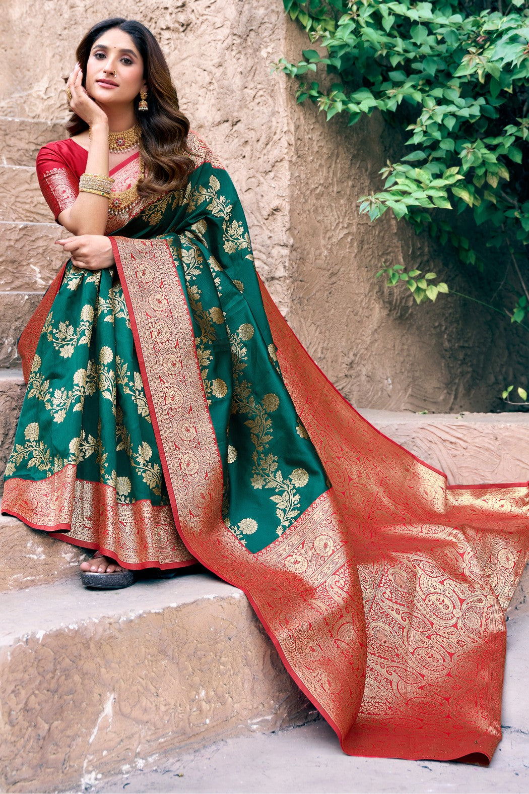 Buy MySilkLove Viridian Green Woven Banarasi Soft Silk Saree Online