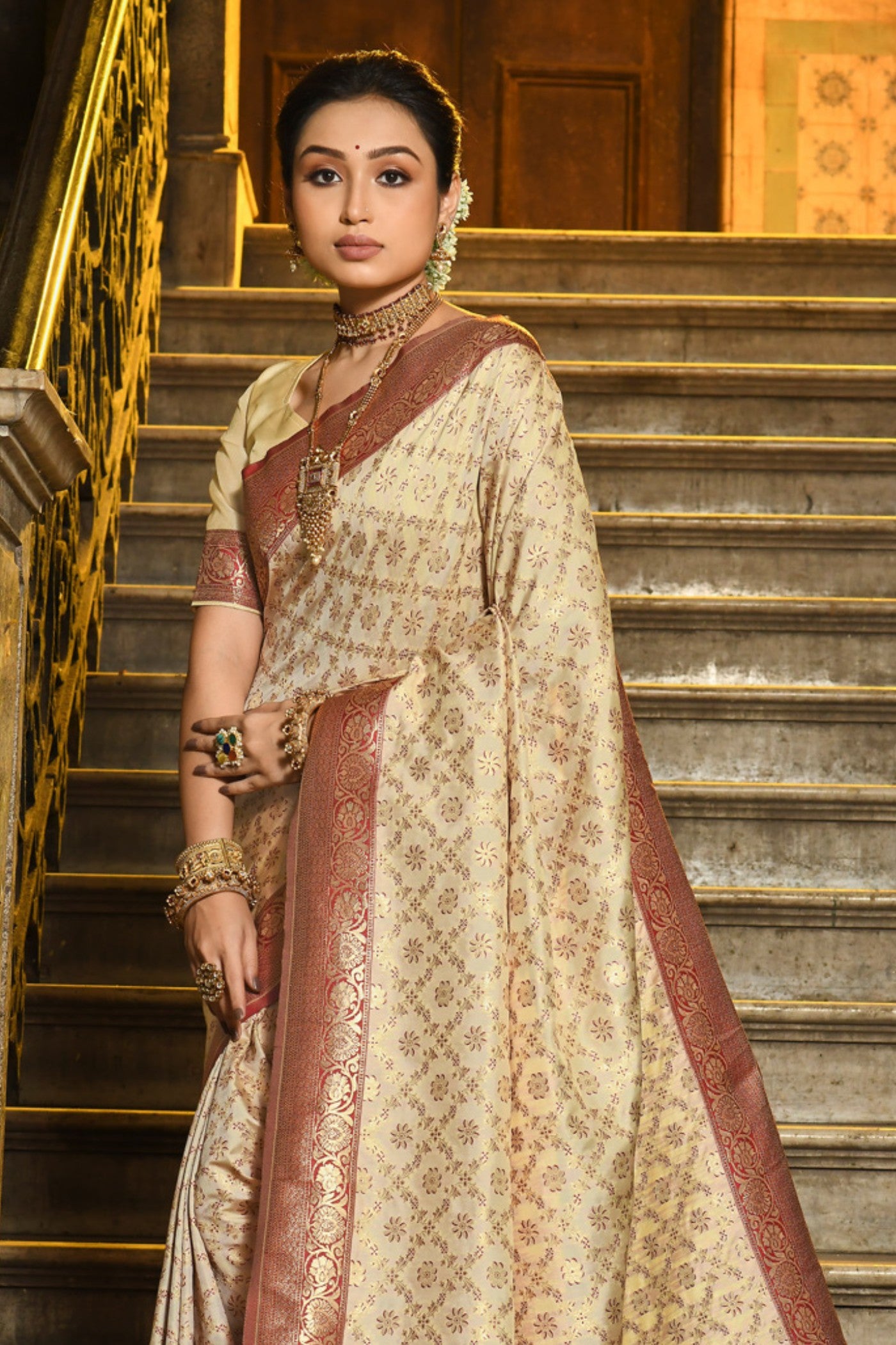Buy MySilkLove Buttermilk Cream Woven Banarasi Saree Online
