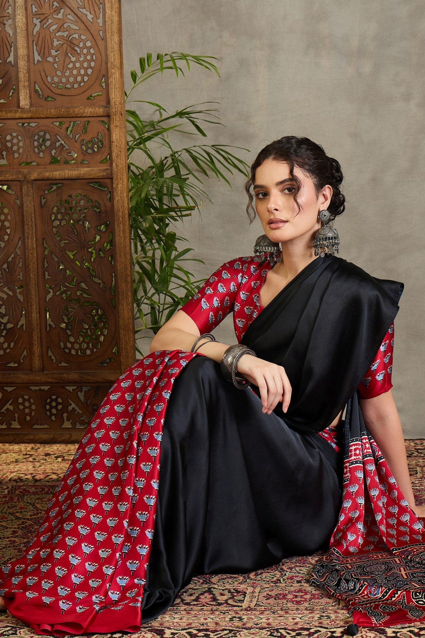Buy MySilkLove Mini Black and Red Ajrakh Printed Satin Crepe Silk Saree Online