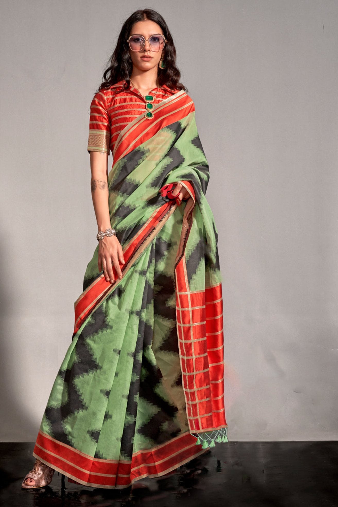 Buy MySilkLove Celadon Green Woven Banarasi Soft Silk Saree Online