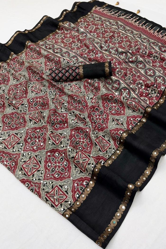 Buy MySilkLove Maroon Border Black and White Ajrakh Printed Satin Silk Saree Online