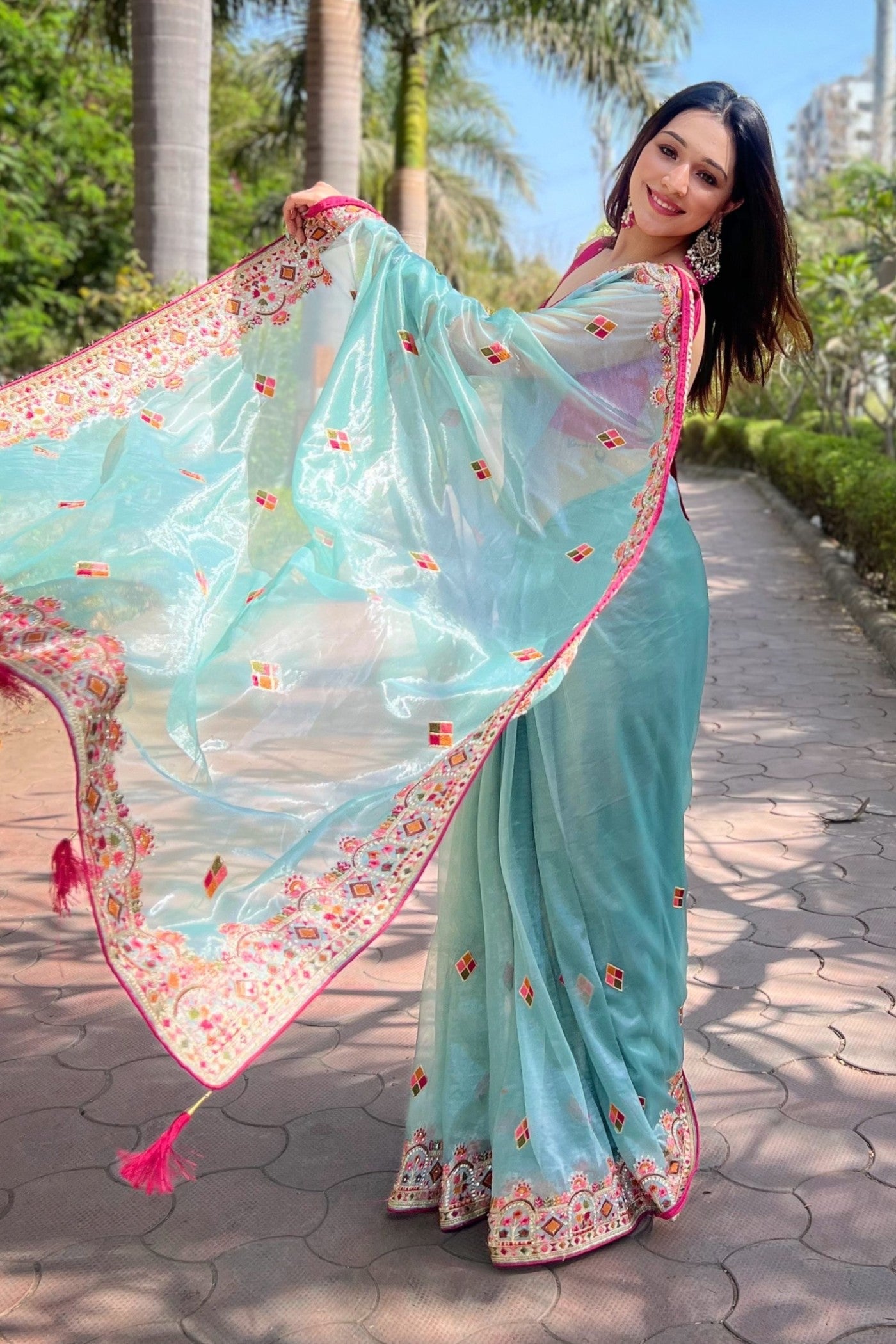 Buy MySilkLove Sky Blue Embroidered Tissue Silk Saree Online