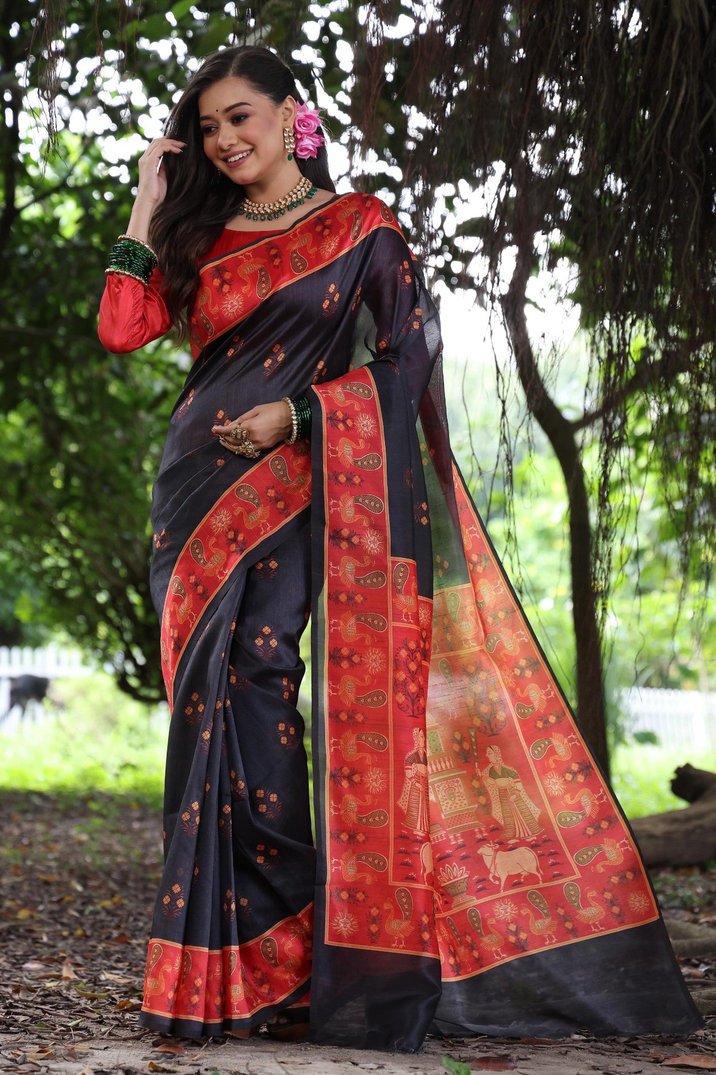 Buy MySilkLove Stone Black Madhubani Tussar Printed Silk Saree Online