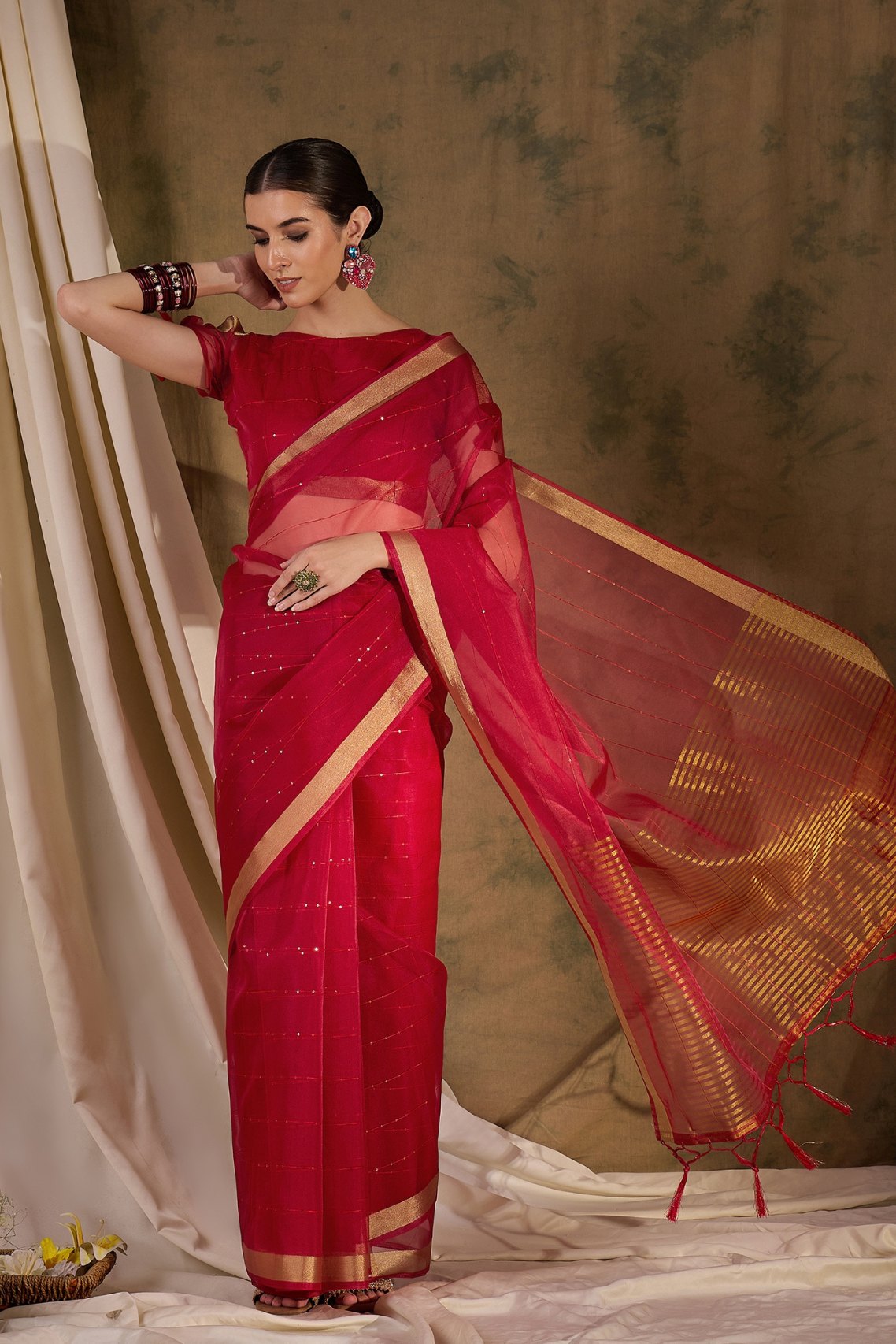 Buy MySilkLove Cherry Red Woven Organza Saree Online