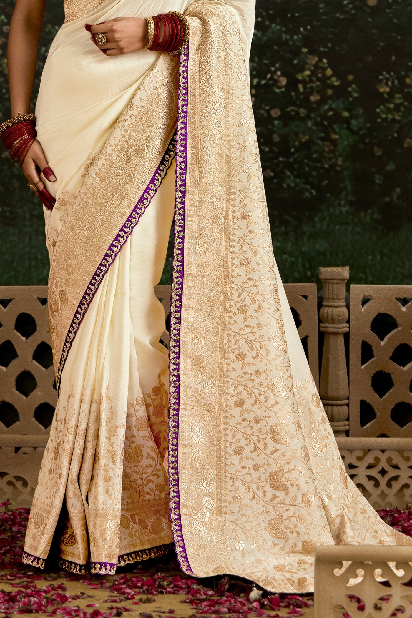 Buy MySilkLove Alabaster Cream Designer Banarasi Saree Online