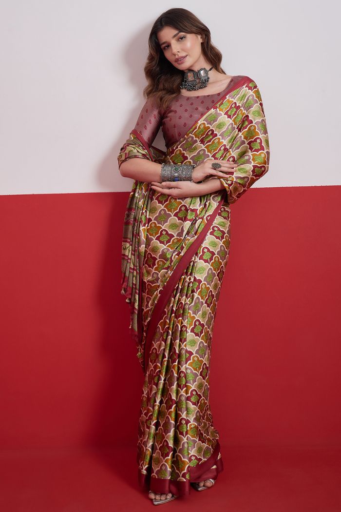 Buy MySilkLove Neutral Cream and Green Modal Satin Printed Silk Saree Online