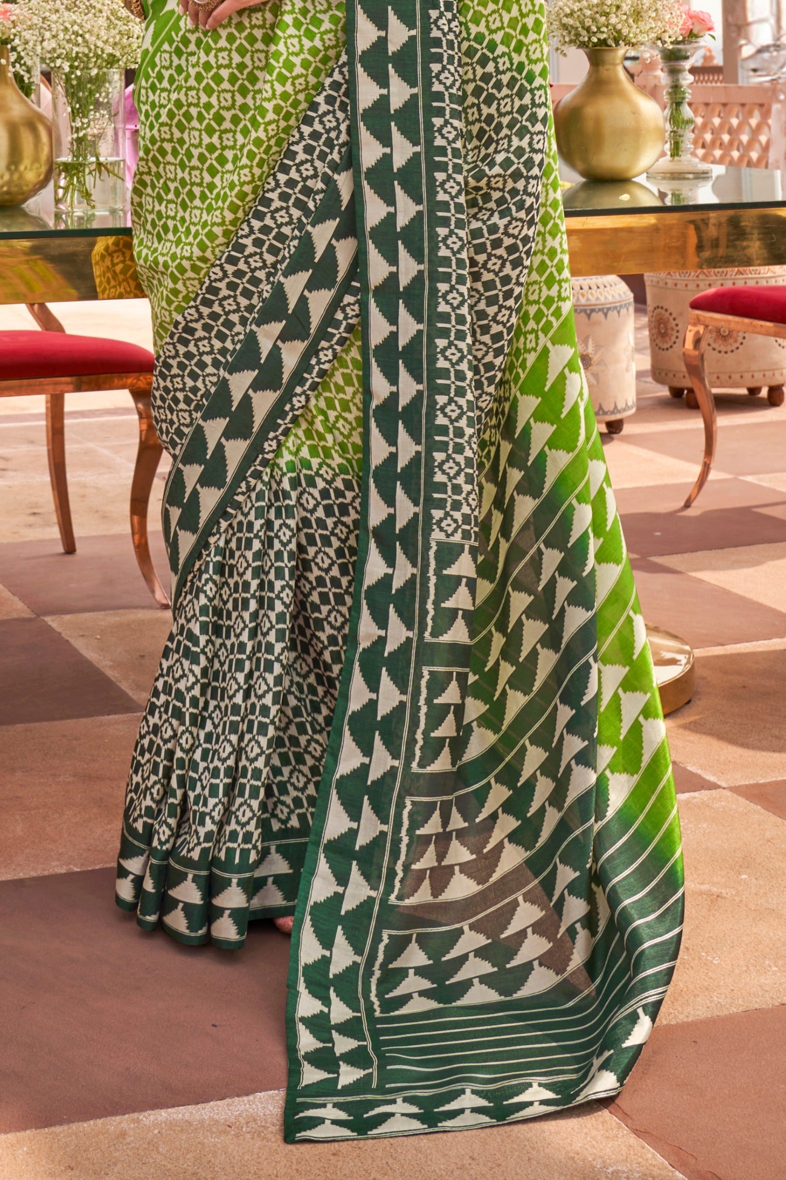 Buy MySilkLove Lime Olive Green Printed Patola Saree Online