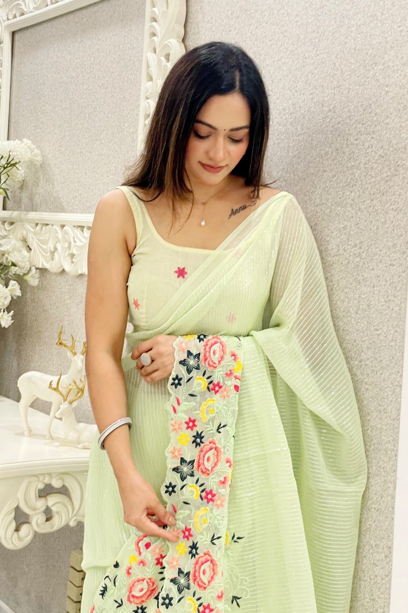 MySilkLove Tea Green Embroidered Partywear Saree