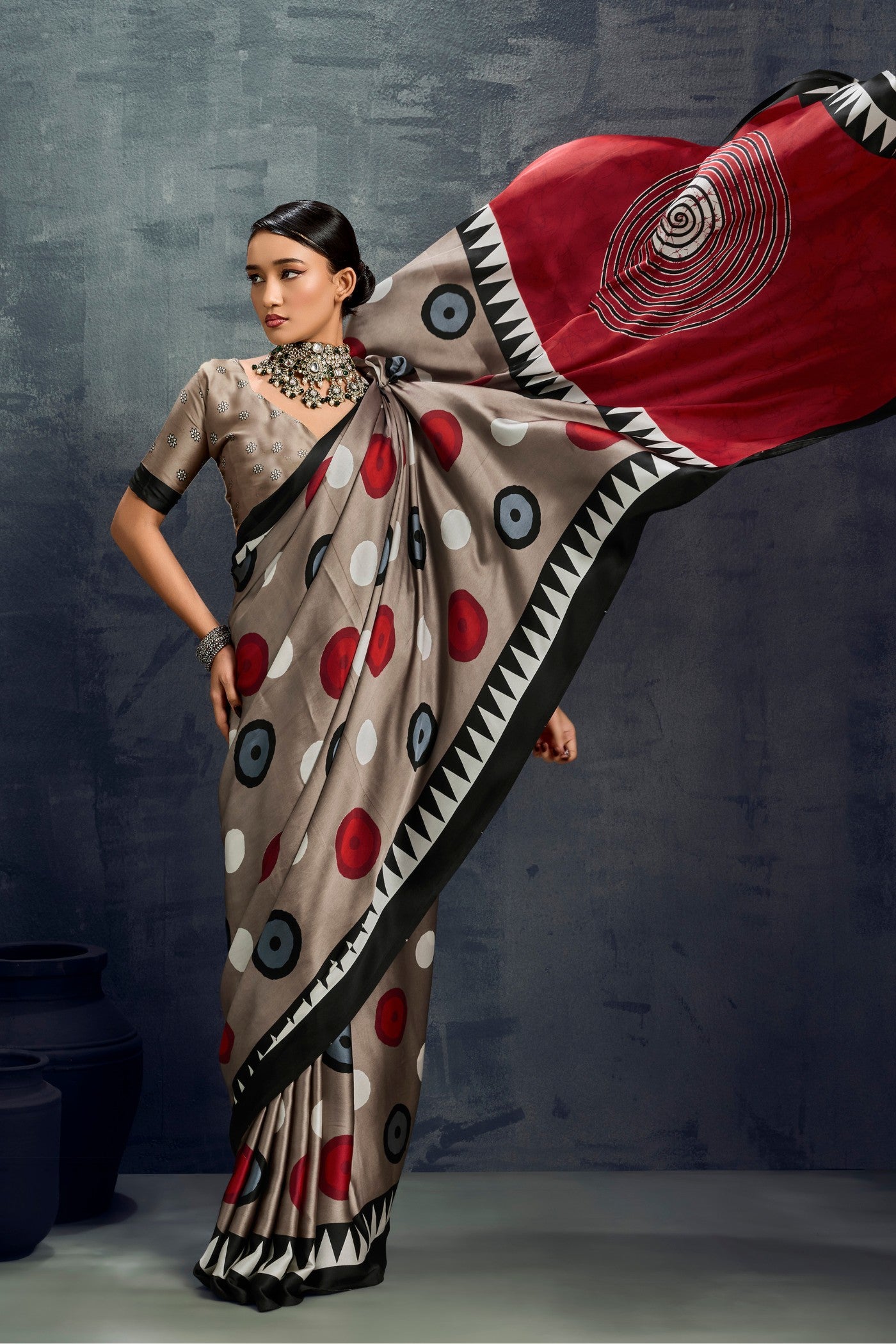 Buy MySilkLove Fossil Grey Ajrakh Printed Satin Crepe Silk Saree Online