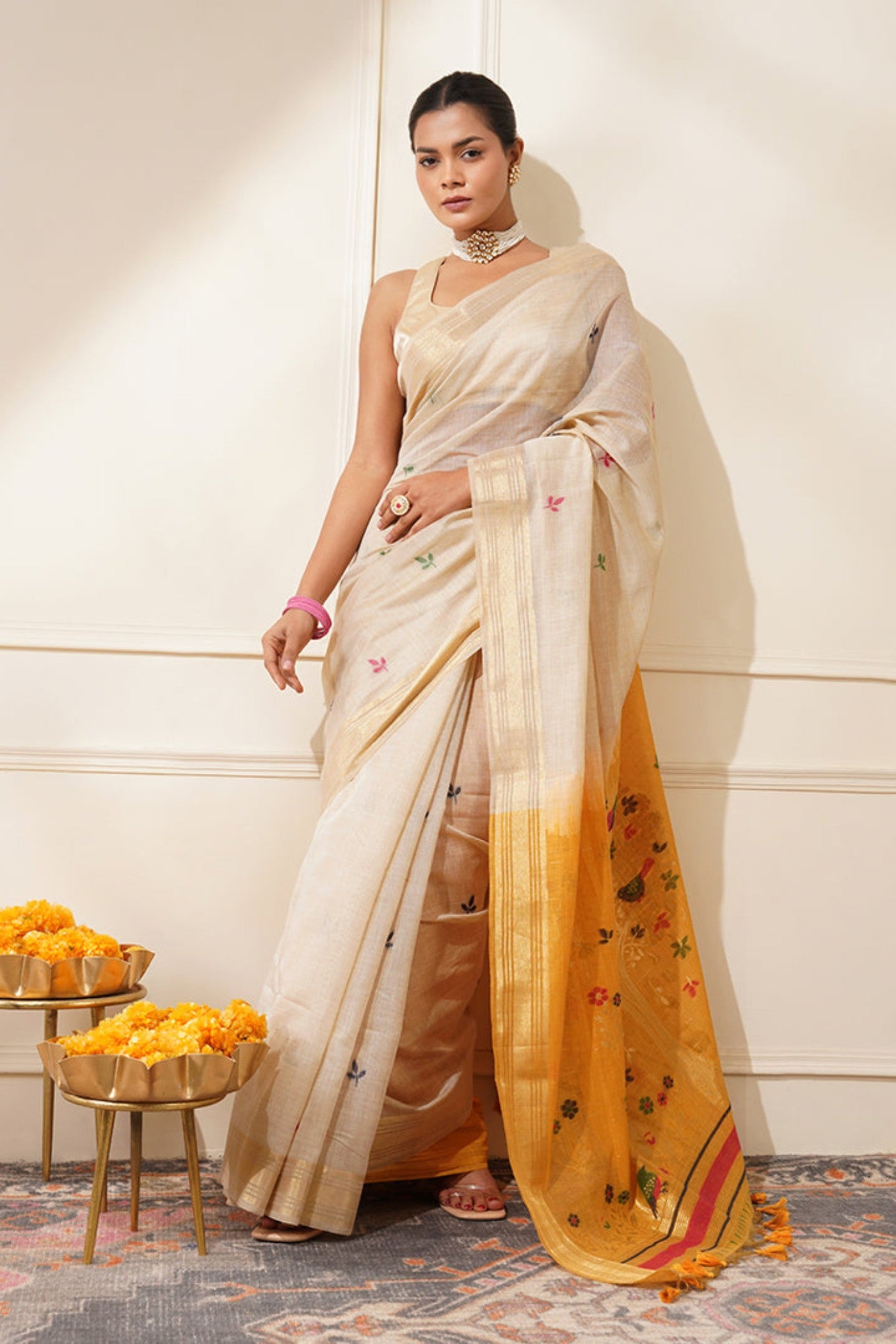Buy MySilkLove Vanila Cream and Yellow Woven Muga Cotton Saree Online