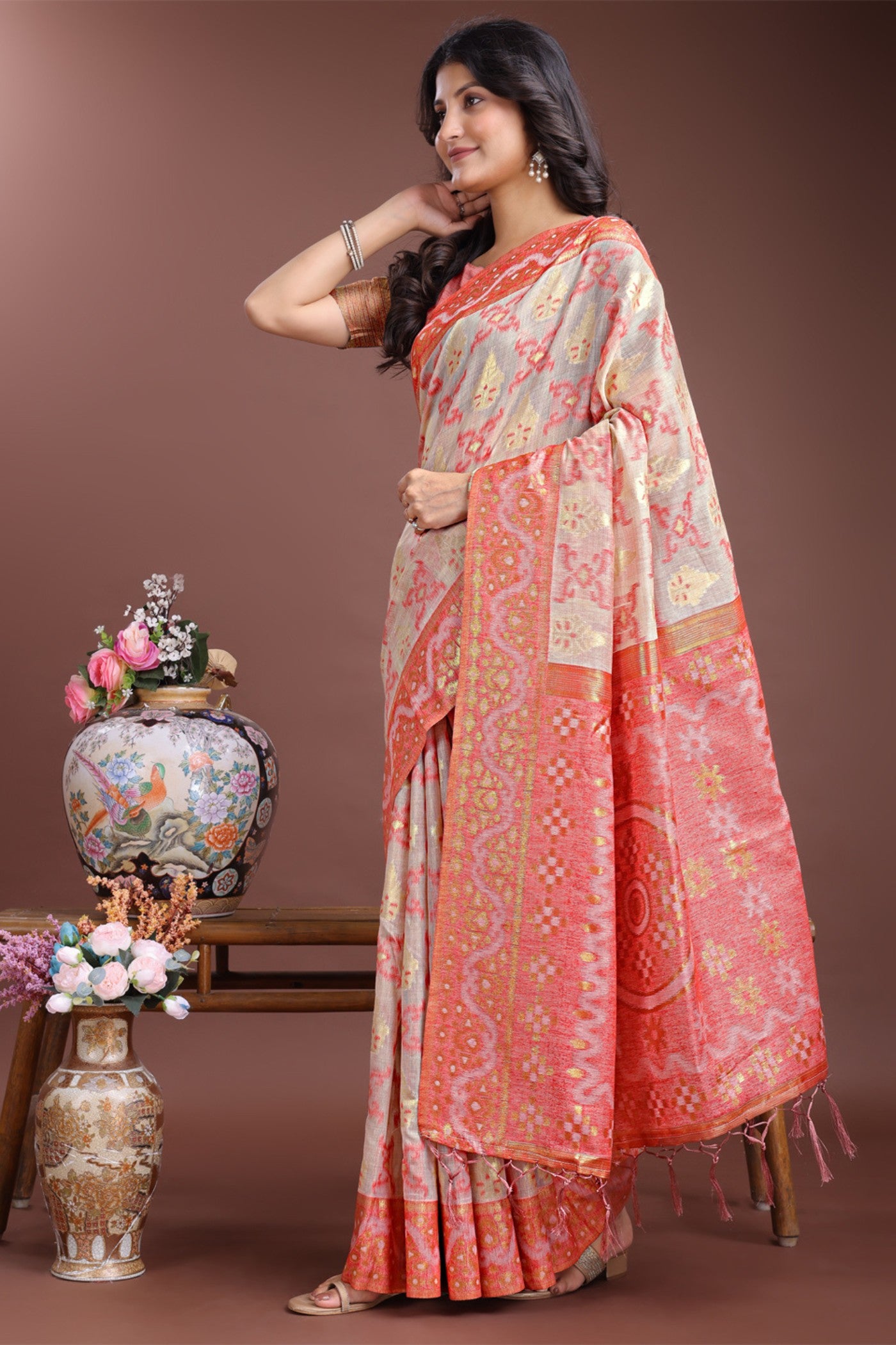Buy MySilkLove Coral Peach Linen Cotton Saree Online