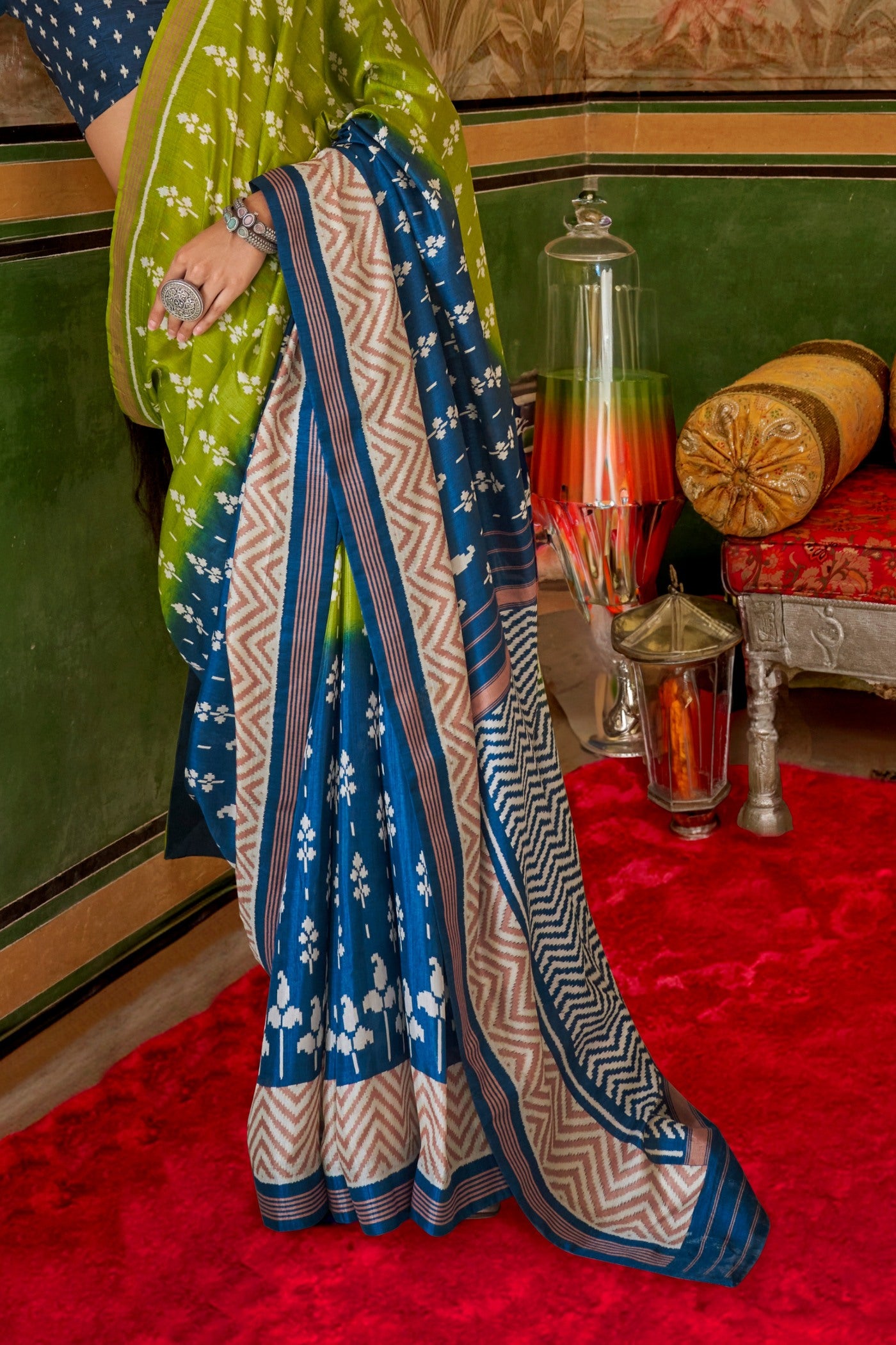 Buy MySilkLove Pine Yellow and Blue Printed Patola Saree Online