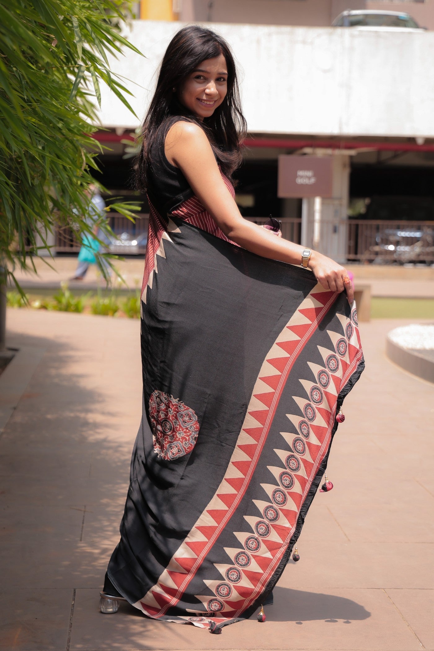 Buy MySilkLove Dark Chestnut Red Ajrakh Printed Satin Crepe Silk Saree Online