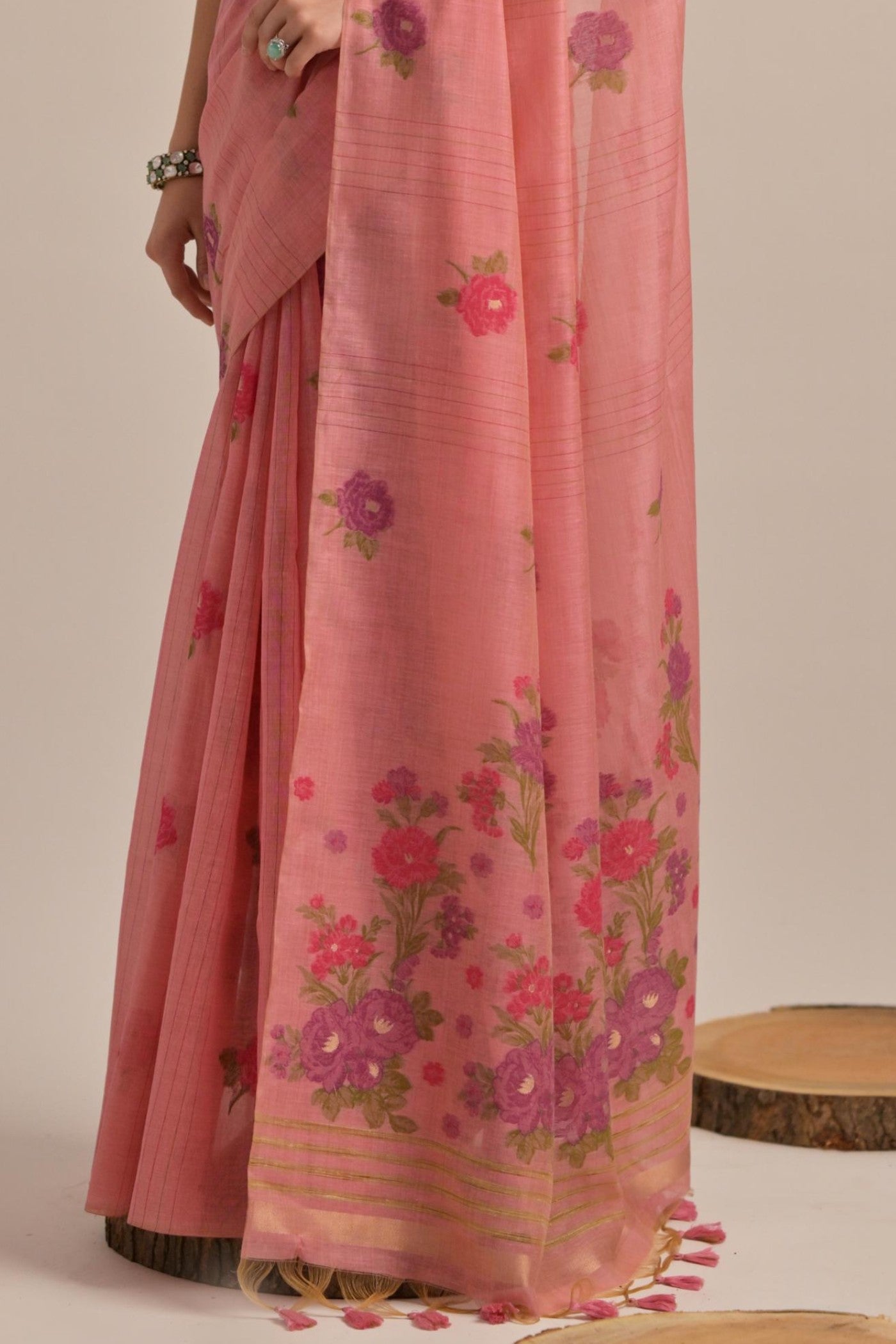 Buy MySilkLove Flower Peach Floral Woven Muga Cotton Saree Online