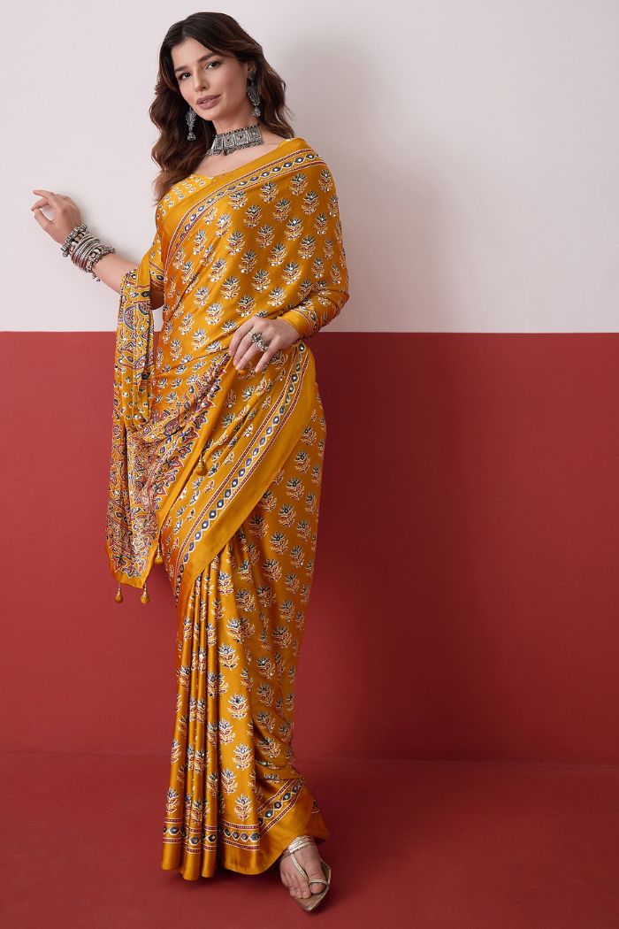 Buy MySilkLove Marigold Yellow Modal Ajrakh Satin Printed Mirror Work Saree Online